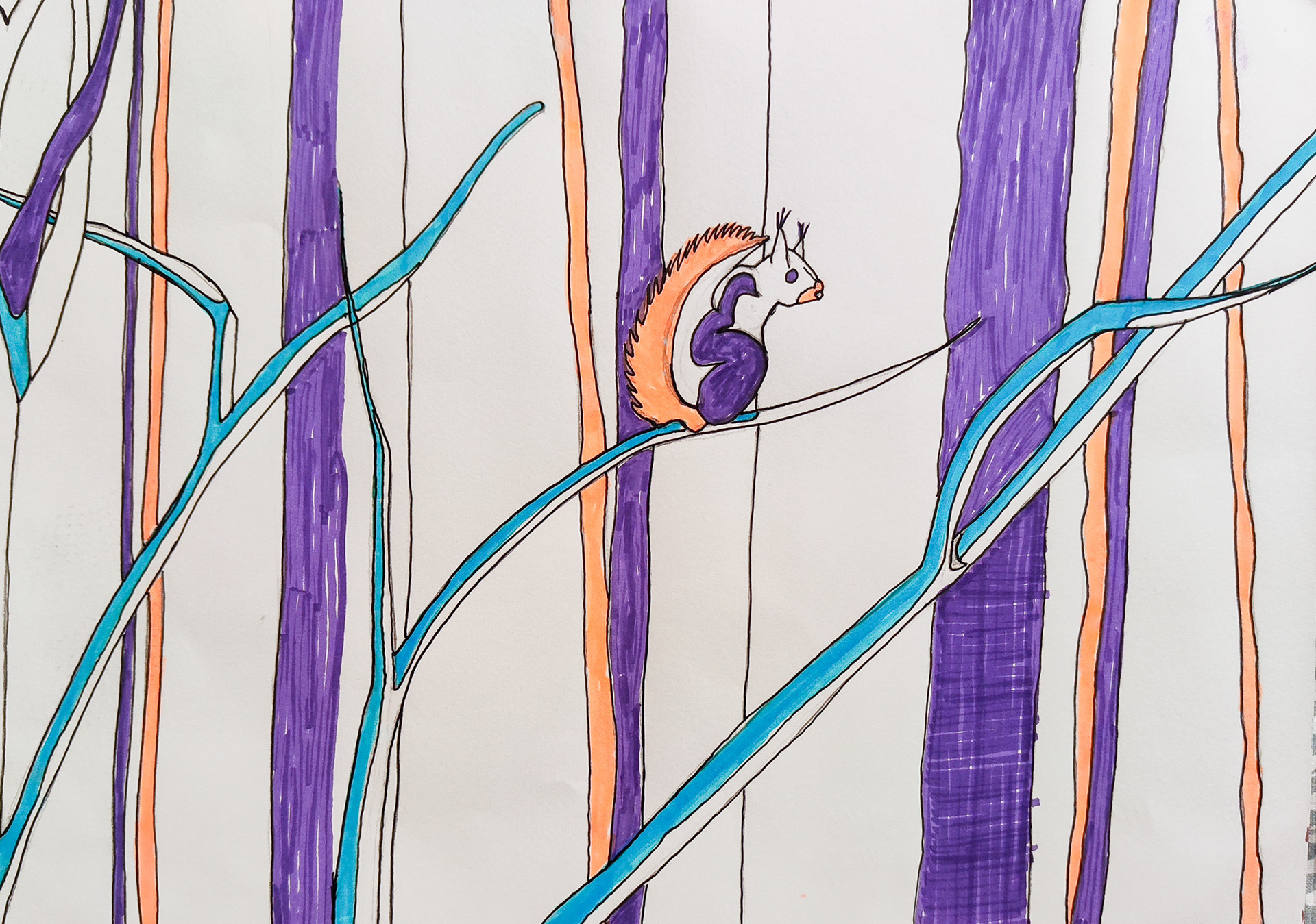 Squirrel, Tampere, 2015; Felt pen and pencil on aquarelle paper; 39,7 x 32 cm