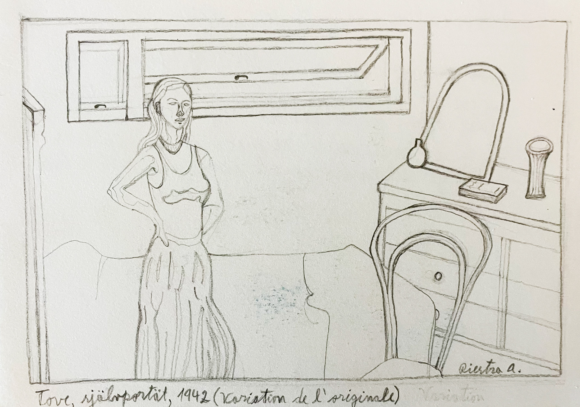 Tove, self portrait, drawing, Hki 2024 (after her painting from 1942 in Kalastajatorppa, Hki, Finland);  Pencil on aquarelle paper