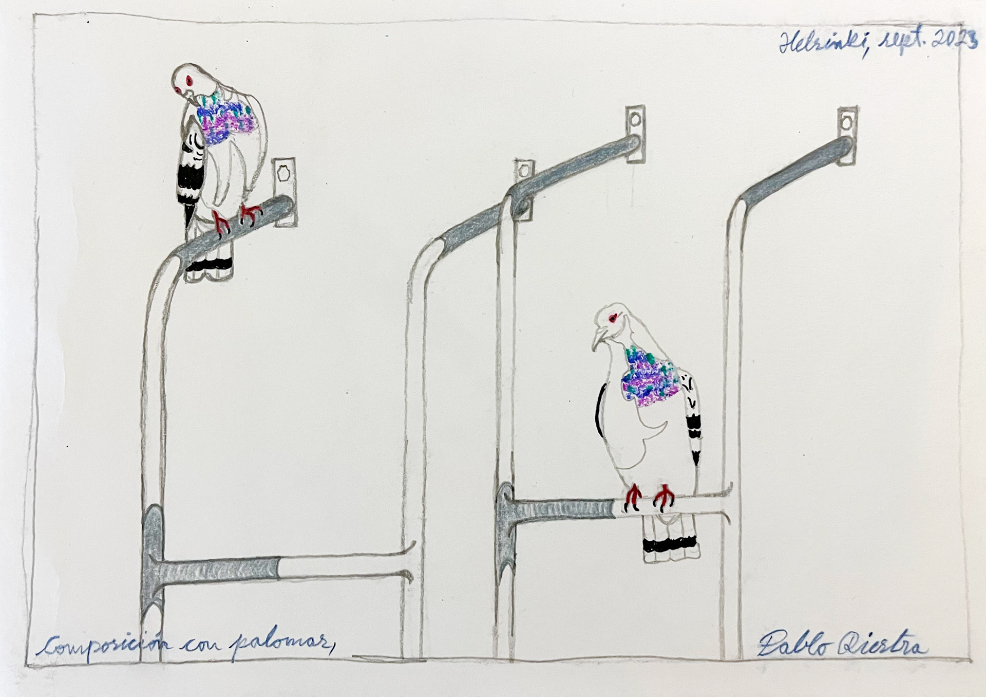 Composition with pigeons, Helsinki 2022; Color pencil and pencil on aquarelle paper