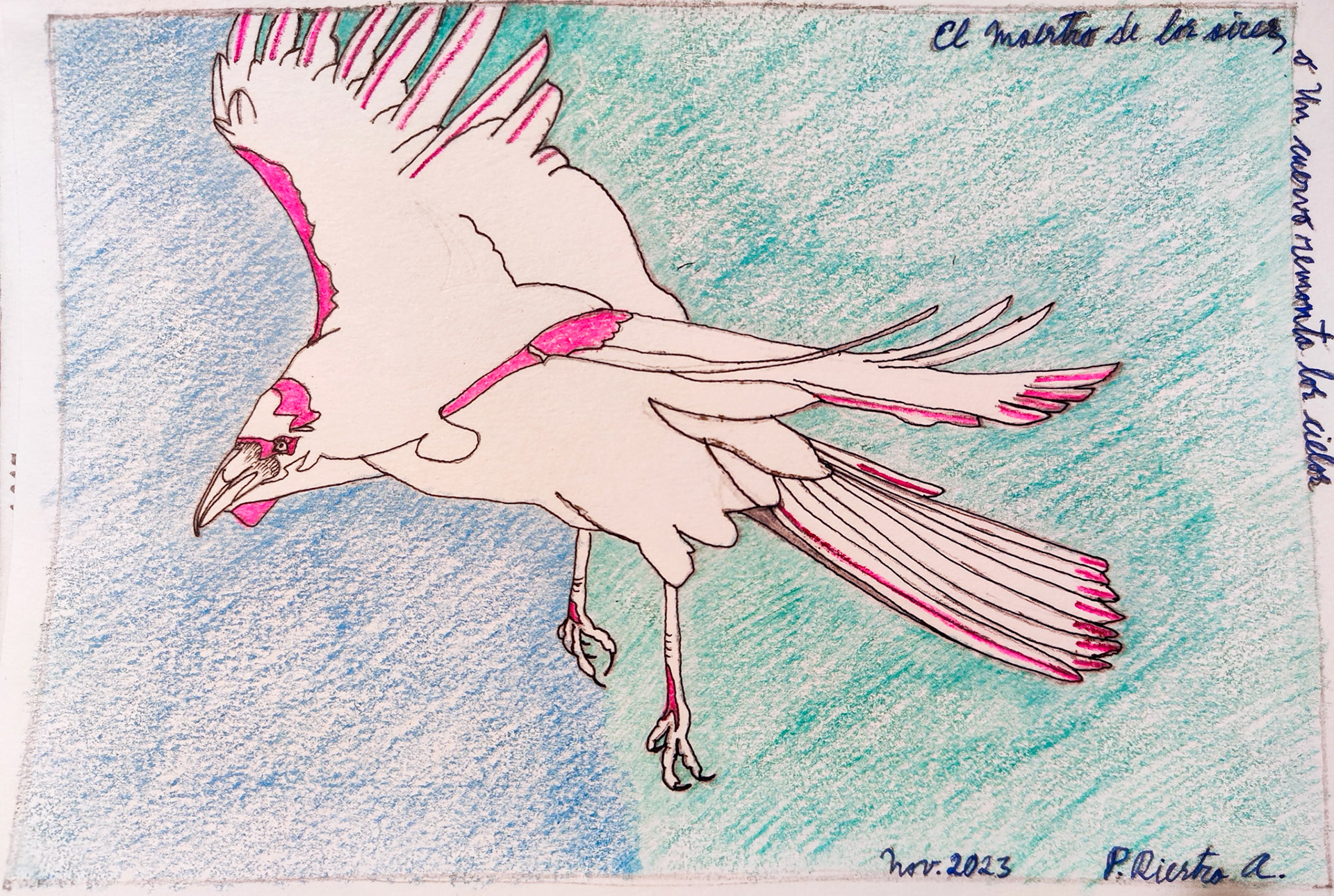 Master of the air or The crow rides the sky, Finland 2023; Felt pen, pencil and color pencil on aquarelle paper