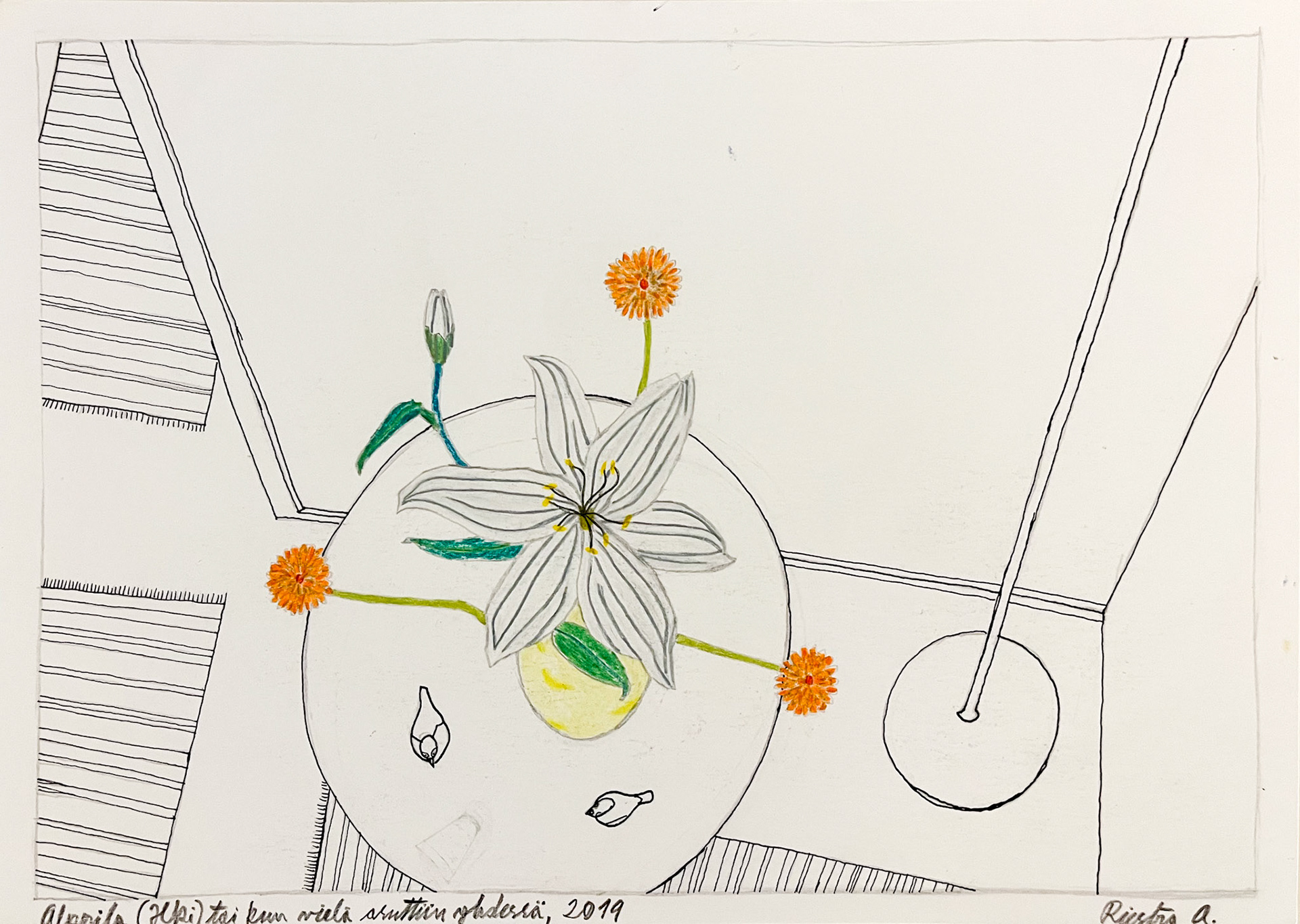 In Alppila or When we were living together, interior with still life, Finland 2019; Felt pen, color pencil and pencil on aquarelle paper