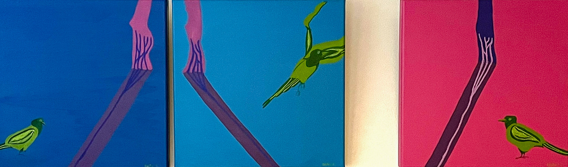 Magpie, triptych or The tree trunk and its shadows; Vantaa, 2026; Acrylique, oil color and oil pastel on canvas; 120 x 40 x 4 cm