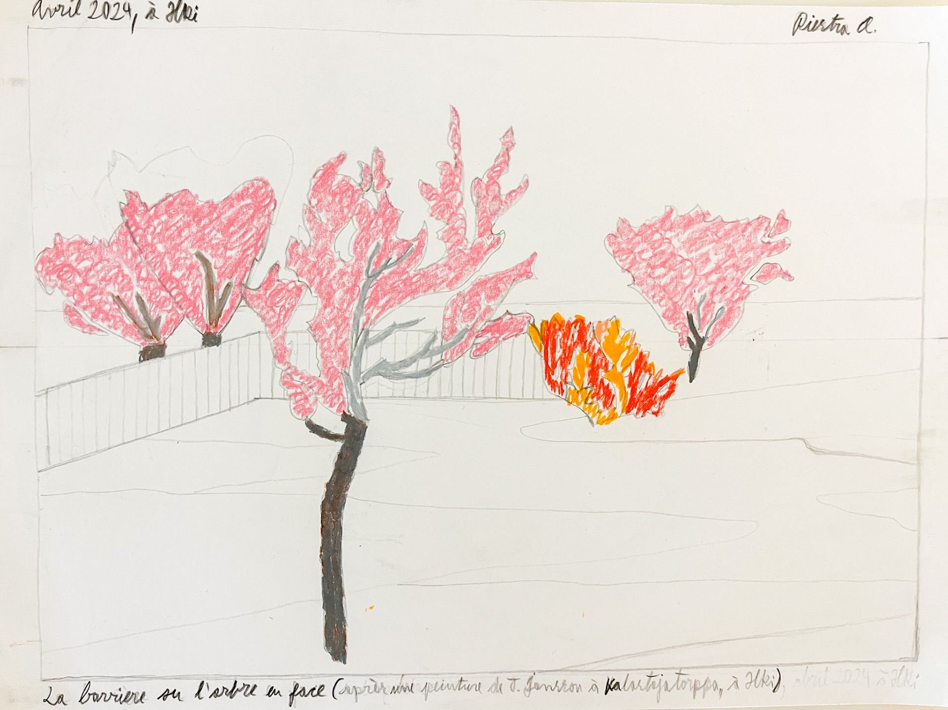 The fence or The tree in front, Finland 2024, after  one  of Tove Janson’s painting in Kalastajatorppa; Mixed media on paper