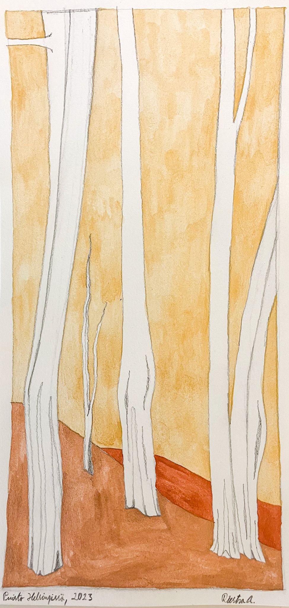 Park in Helsinki, summer 2023; Mixed media on aquarelle paper