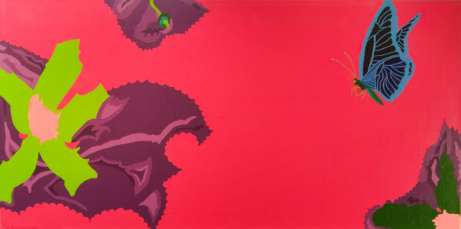 Flowers with Butterfly, Commission work, Helsinki 2023, Acrylic and oil color on linen, 40,5 x 80,3 cm