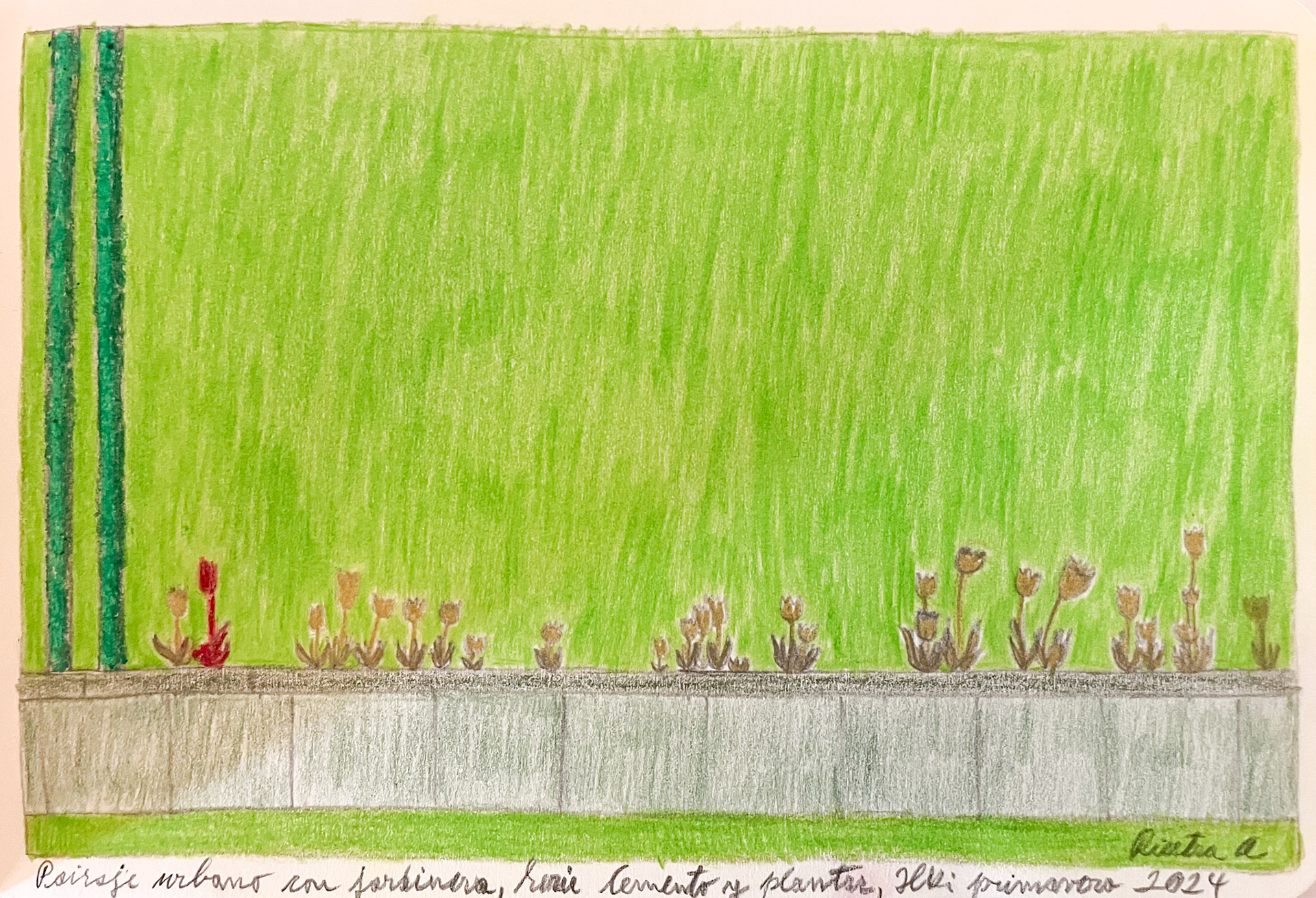 Flower box in the concrete IV, drawing, Hki 2024; Mixed media on paper