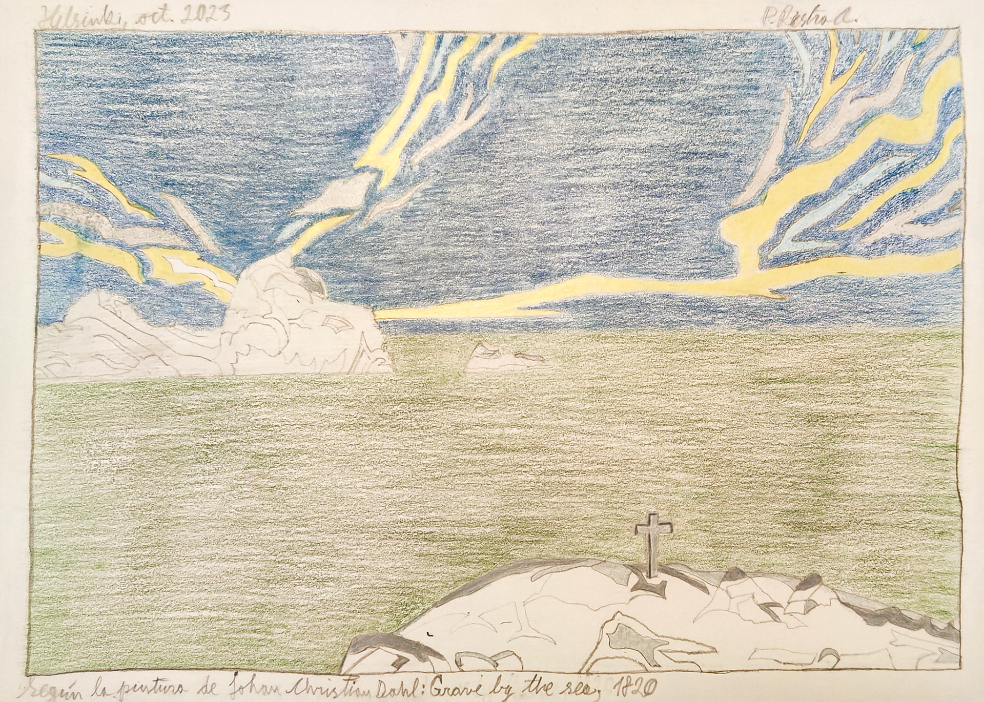 Cross and moon beams, Helsinki 2024, drawing, Helsinki 2023, (after Johan Christian Dahl´s painting Grave by the sea from 1982); Color pencil and pencil on paper