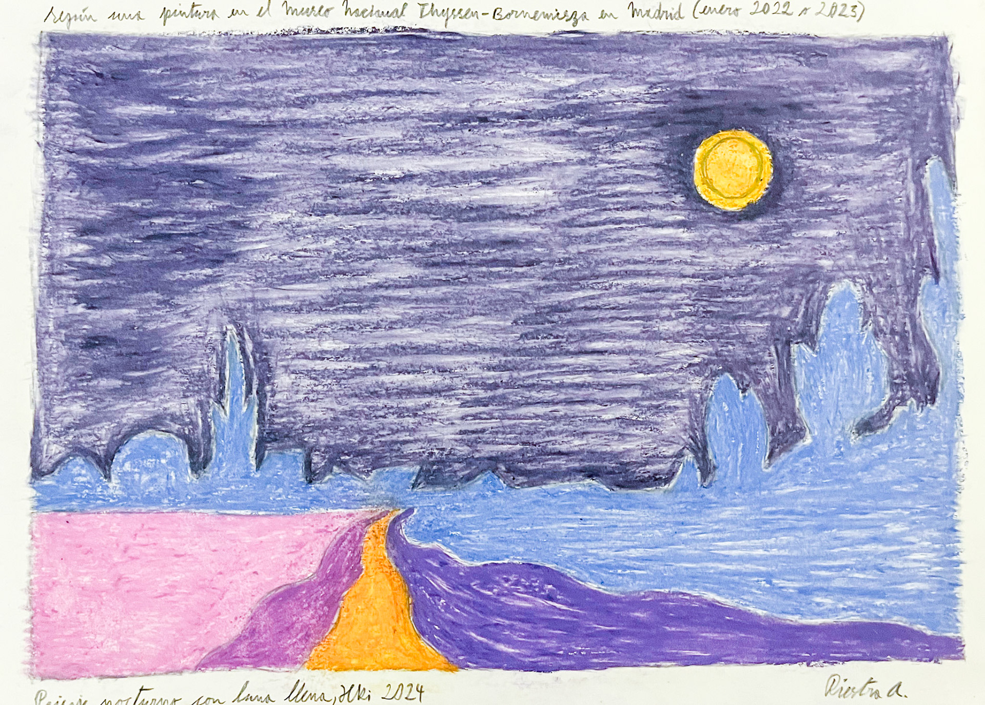 Night landscape with full moon, drawing, Helsinki 2024, (after a painting in the National Museum Thyssen-Bornemisza in Madrid, January 2022 or 2023); Crayon and pencil on paper