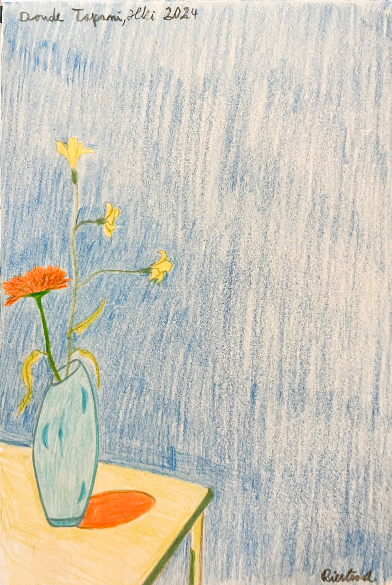 At Tapani´s, Helsinki 2024, drawing; Color pencil and pencil on paper