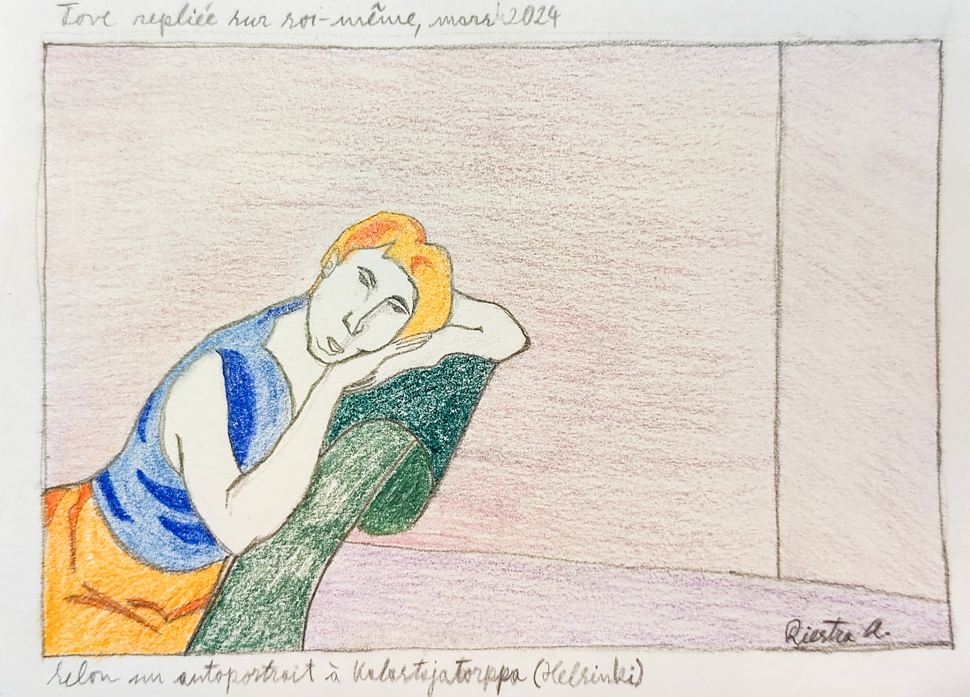 Tove in her thoughts, drawing, (after Tove Janson´s self portrait from 1948 in Kalastajatorppa, Hki, Finland); Color pencil and pencil on aquarelle paper
