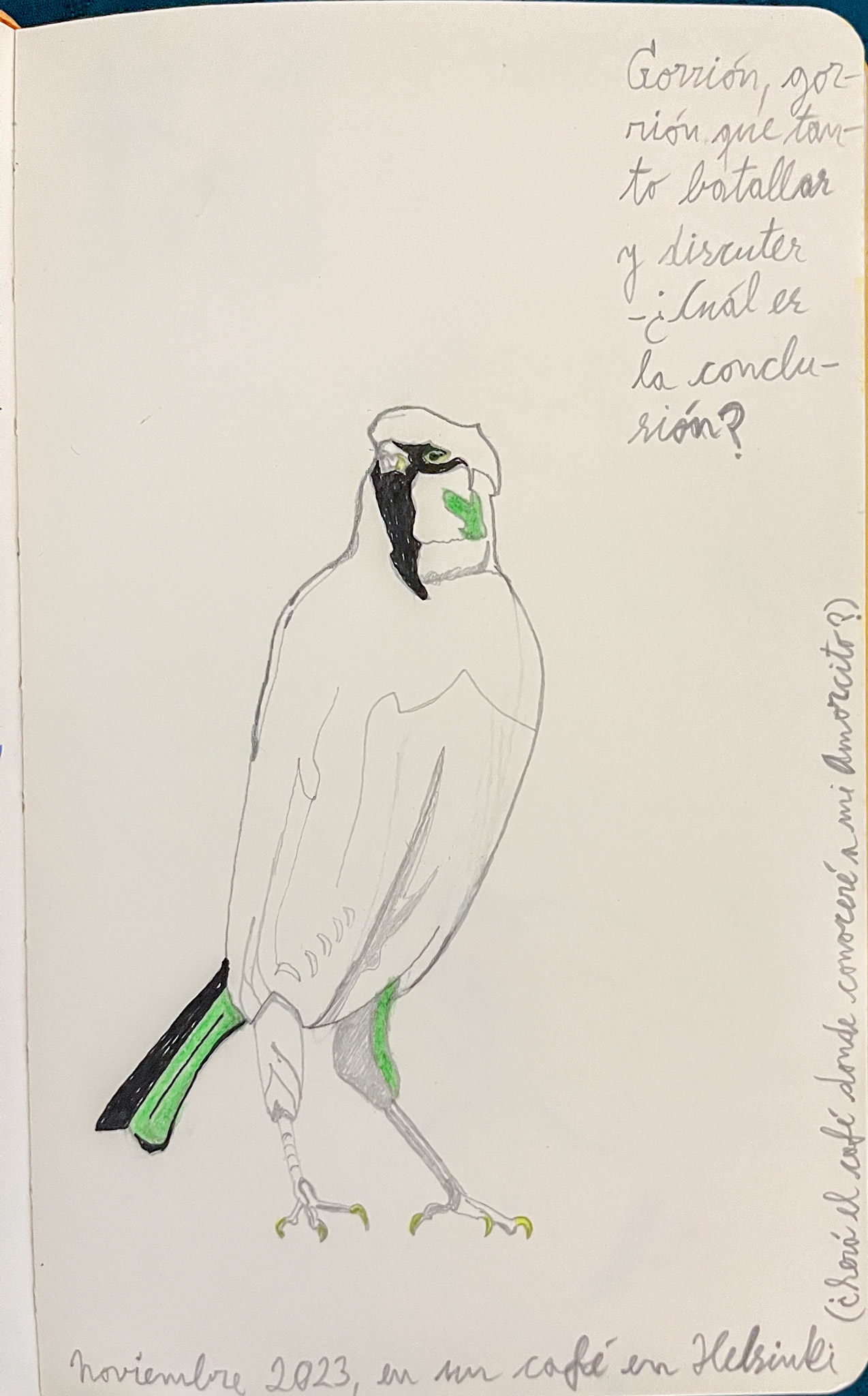 Sparrow and haiku I, Series, Finland 2023; Felt pen and pencil on paper