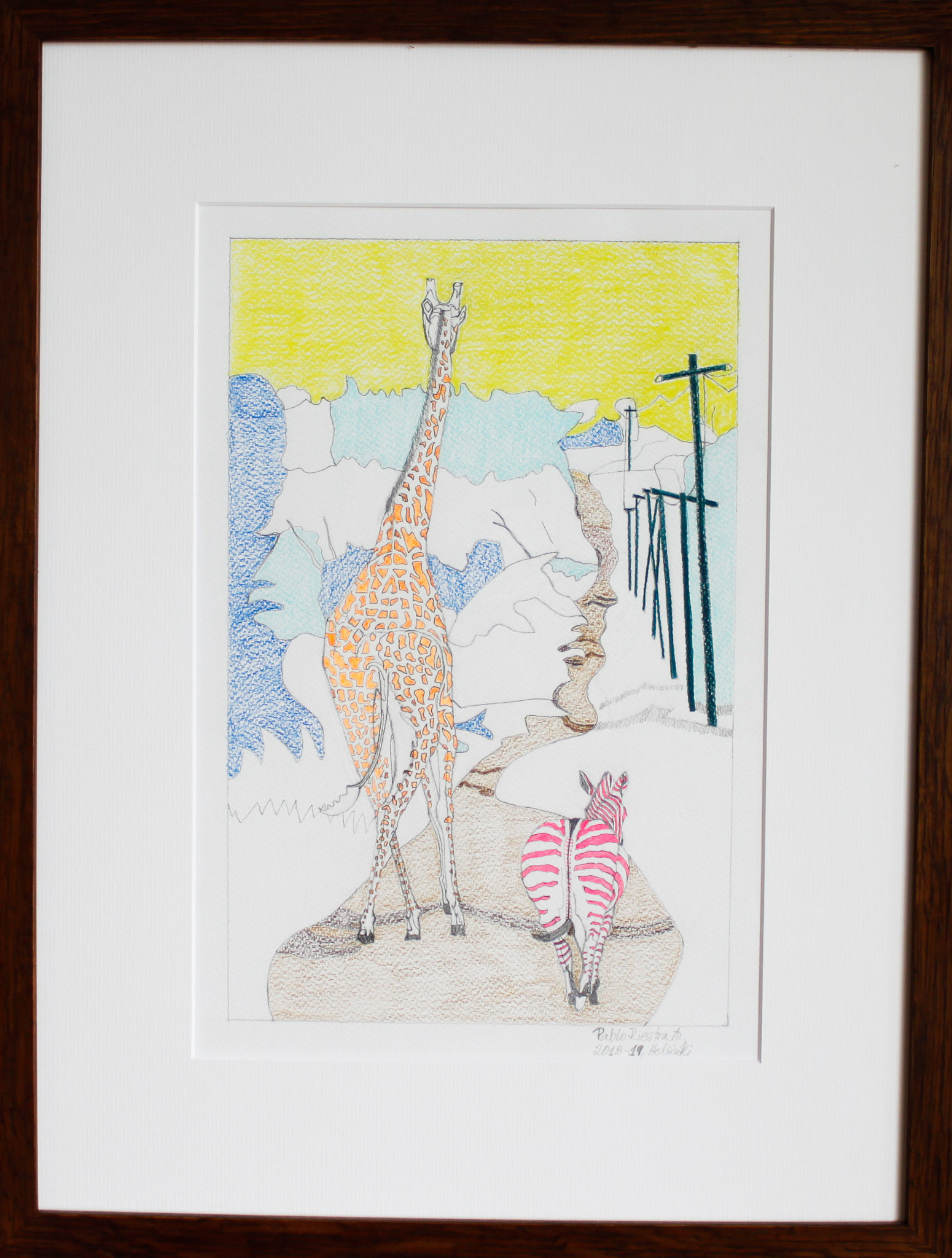 Evening walk (Tapani & me), 2018; Pencil and felt pen on aquarelle paper;  44x57 cm, Own Collection