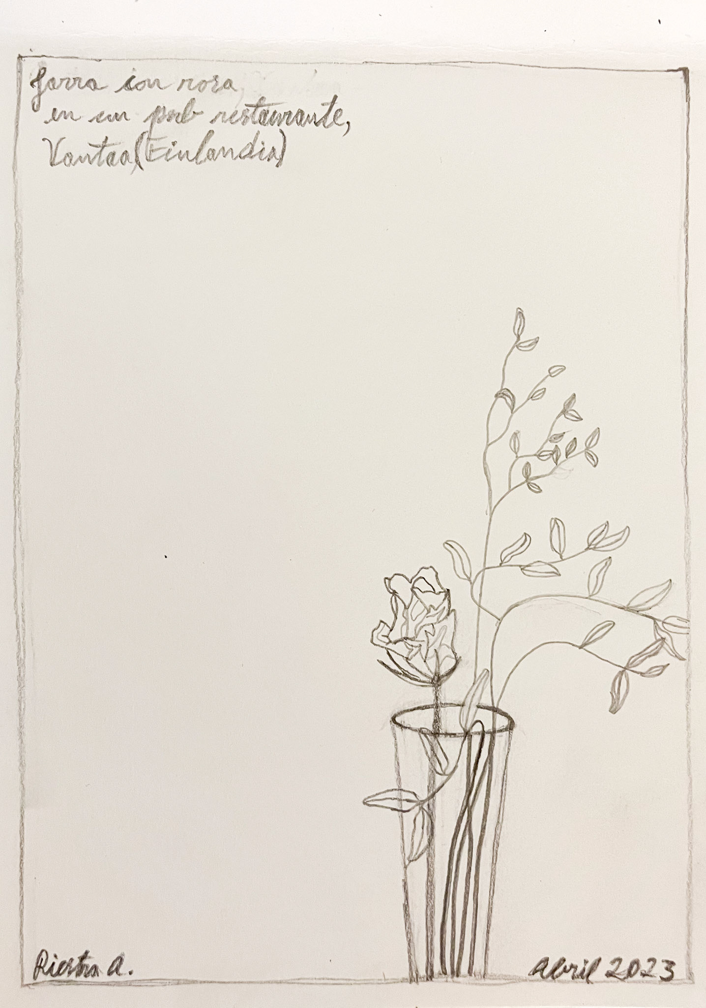 Vase wit flowers at a resto pub, drawing, Vantaa, Finland 2023; Pencil on aquarelle paper