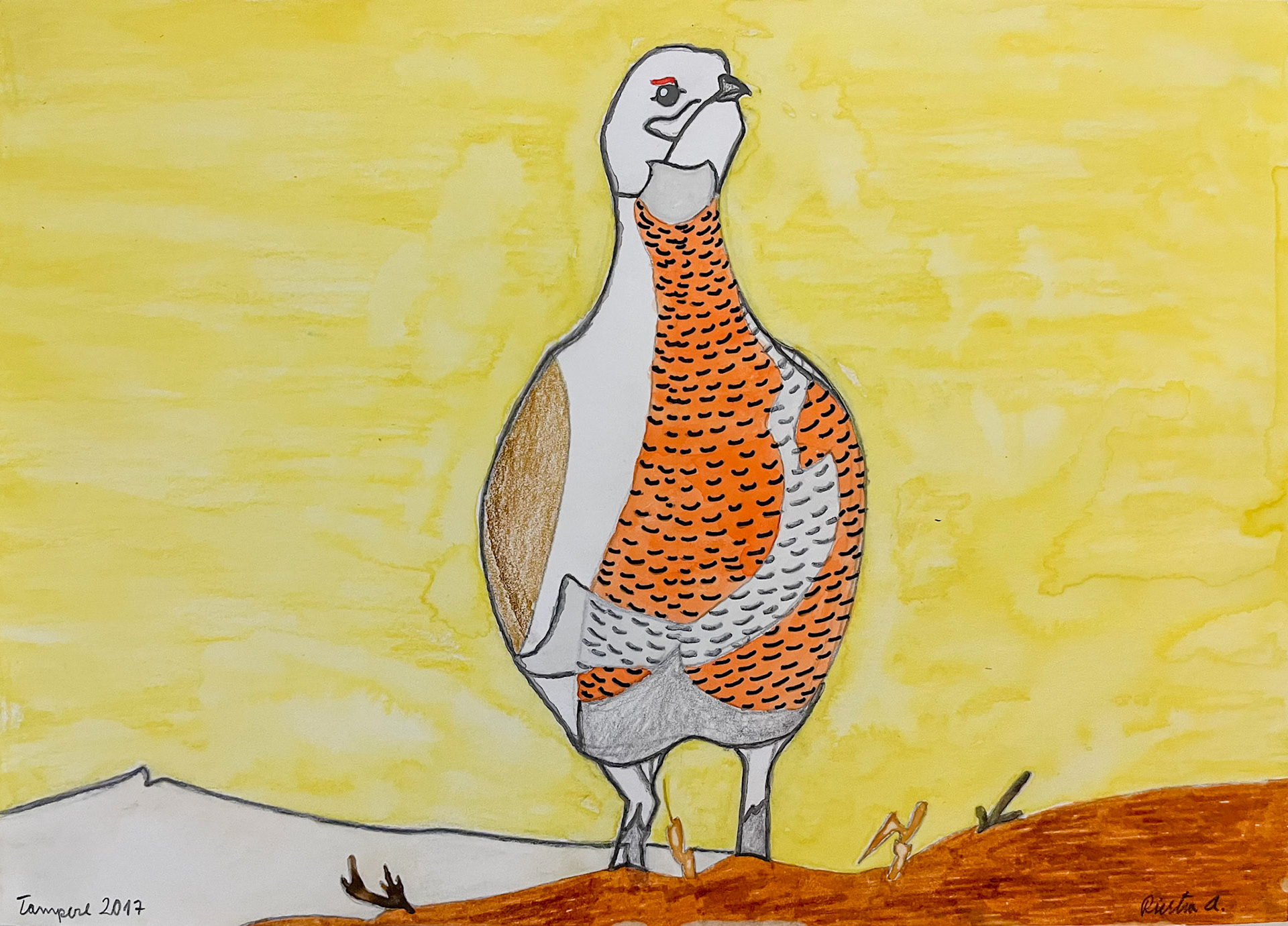 Black grouse female, triptych, Series Galliformes 2016; Mixed media on aquarelle paper