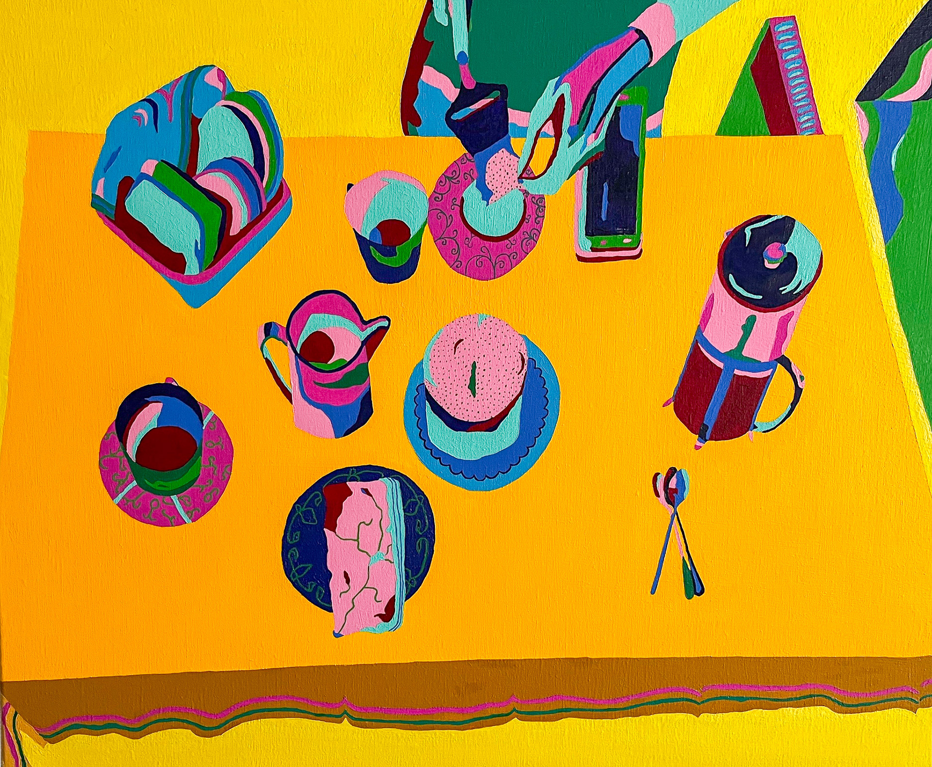 Breakfast at my mother’s or Tapani slicing cheese,study, (Tampere, Finland), 2018, Oil Color on linen, Sold