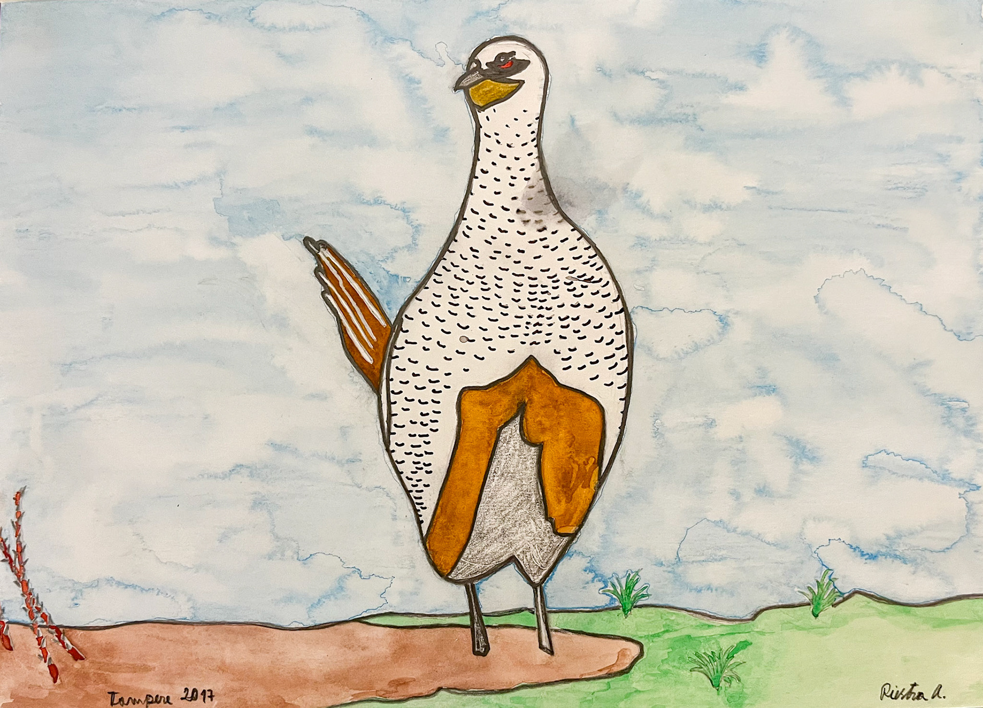 Common pheasant female, tripthych, Series Galliformes 2016; Mixed media on aquarelle paper