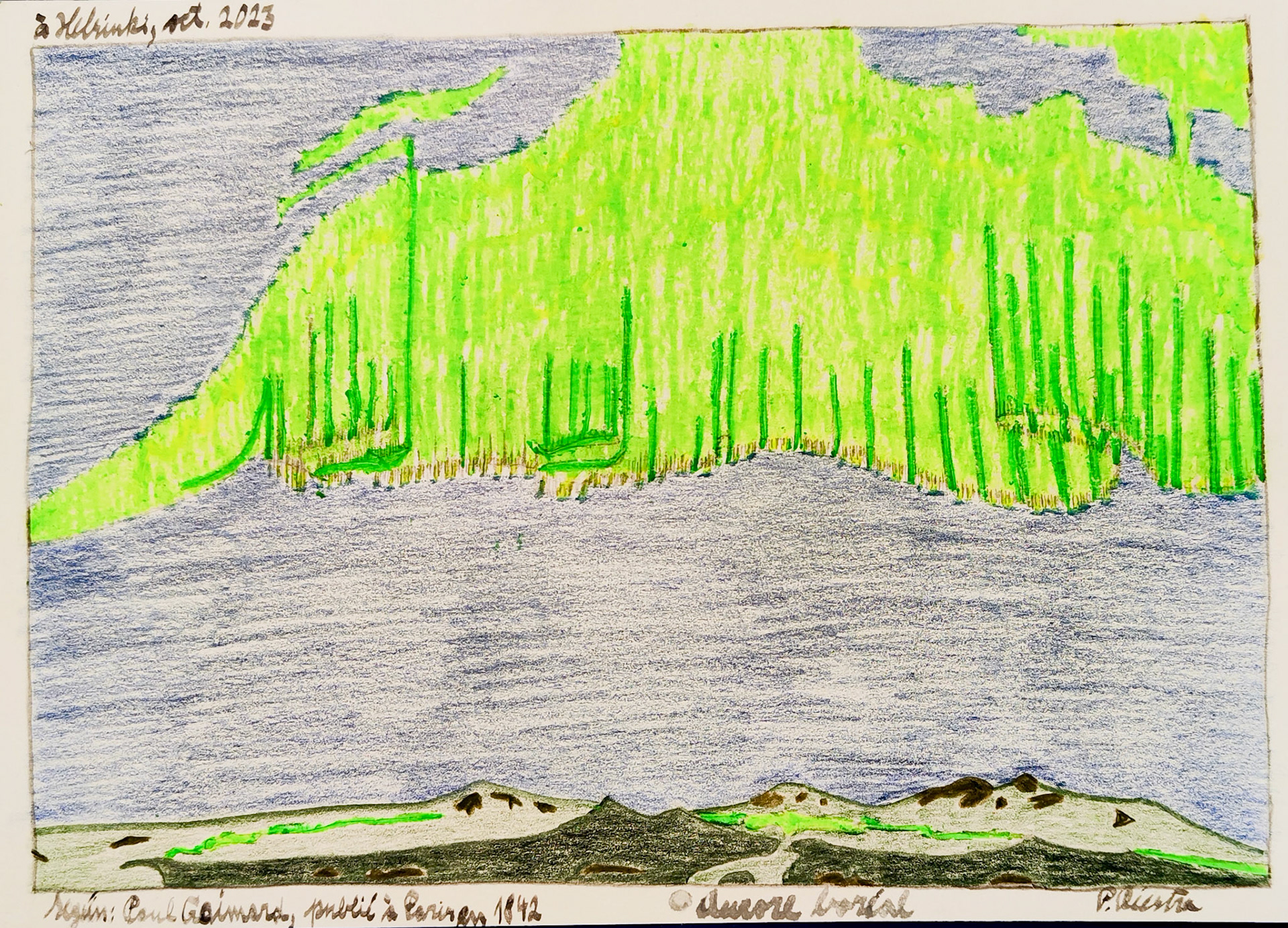 Aurora boreal, drawing, Helsinki 2023, (after Paul Gaimard´s engraving Aurora boréal, published in Paris in 1842); Mixed media on paper