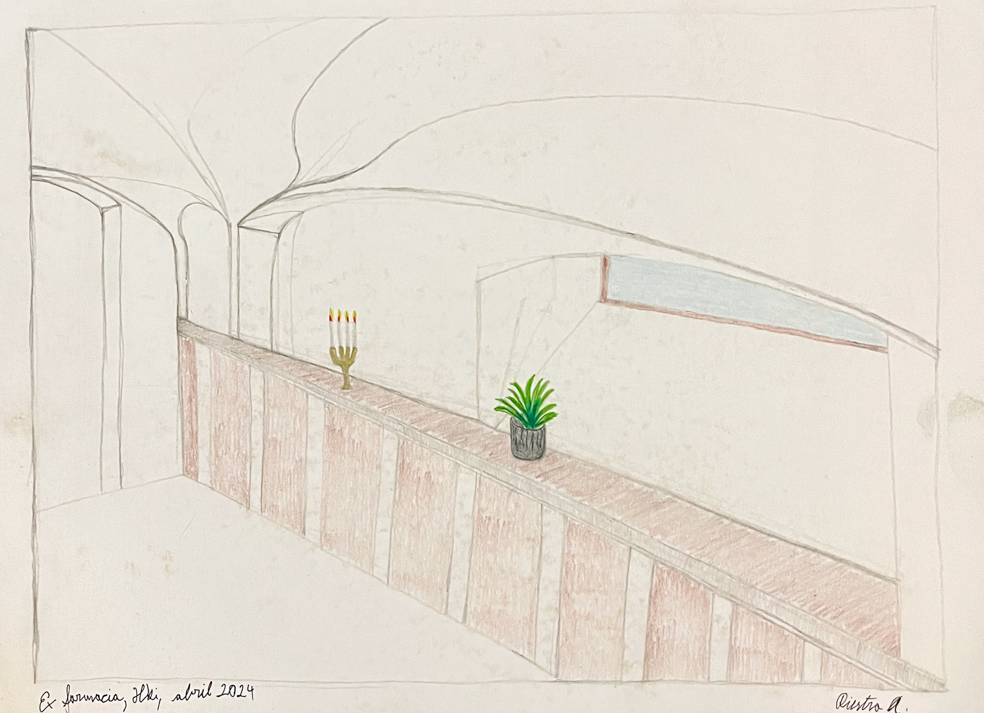 Interior of Former Pharmacie in Helsinki Center, sketch, Helsinki; Color pencil and pencil on paper.