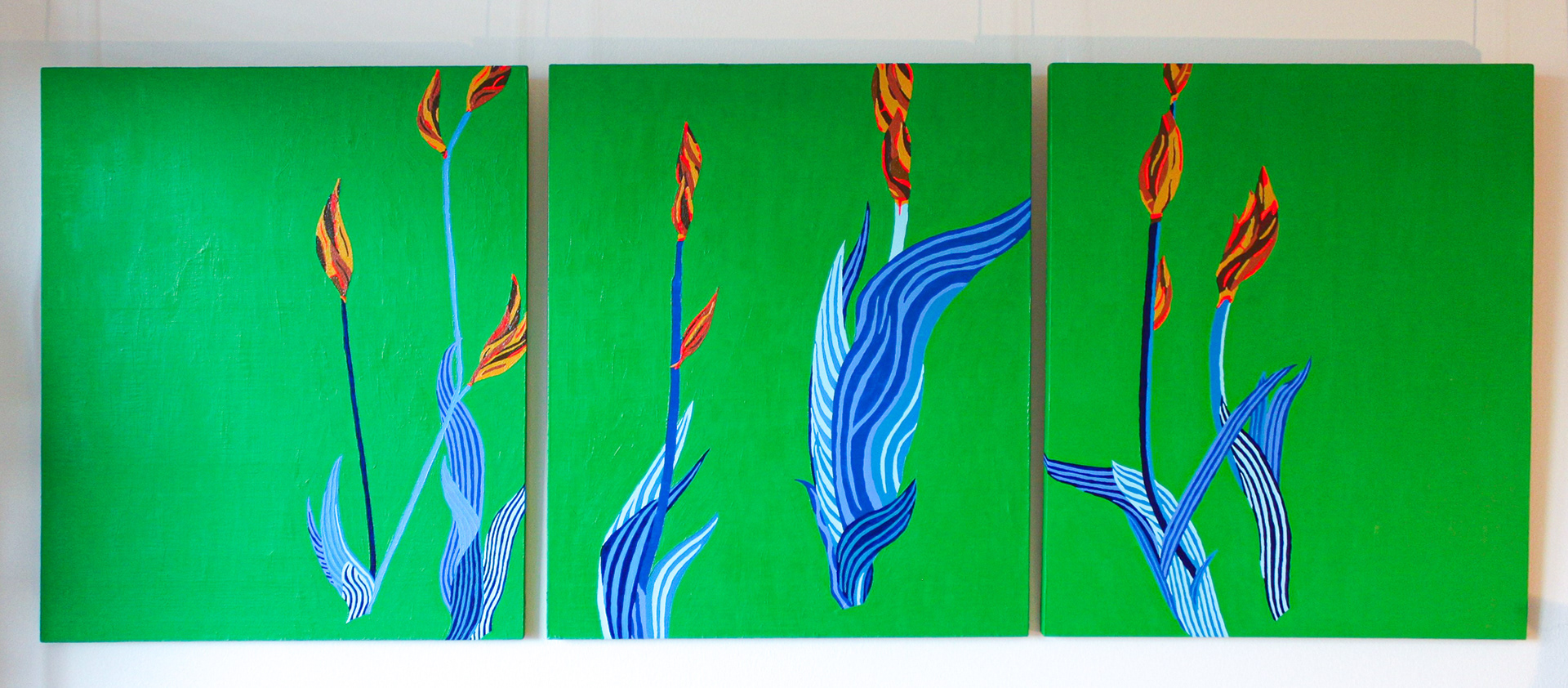 Gladiolos, triptych, 2019; Acrylic and oil on wood; 1,5 m x 59 cm