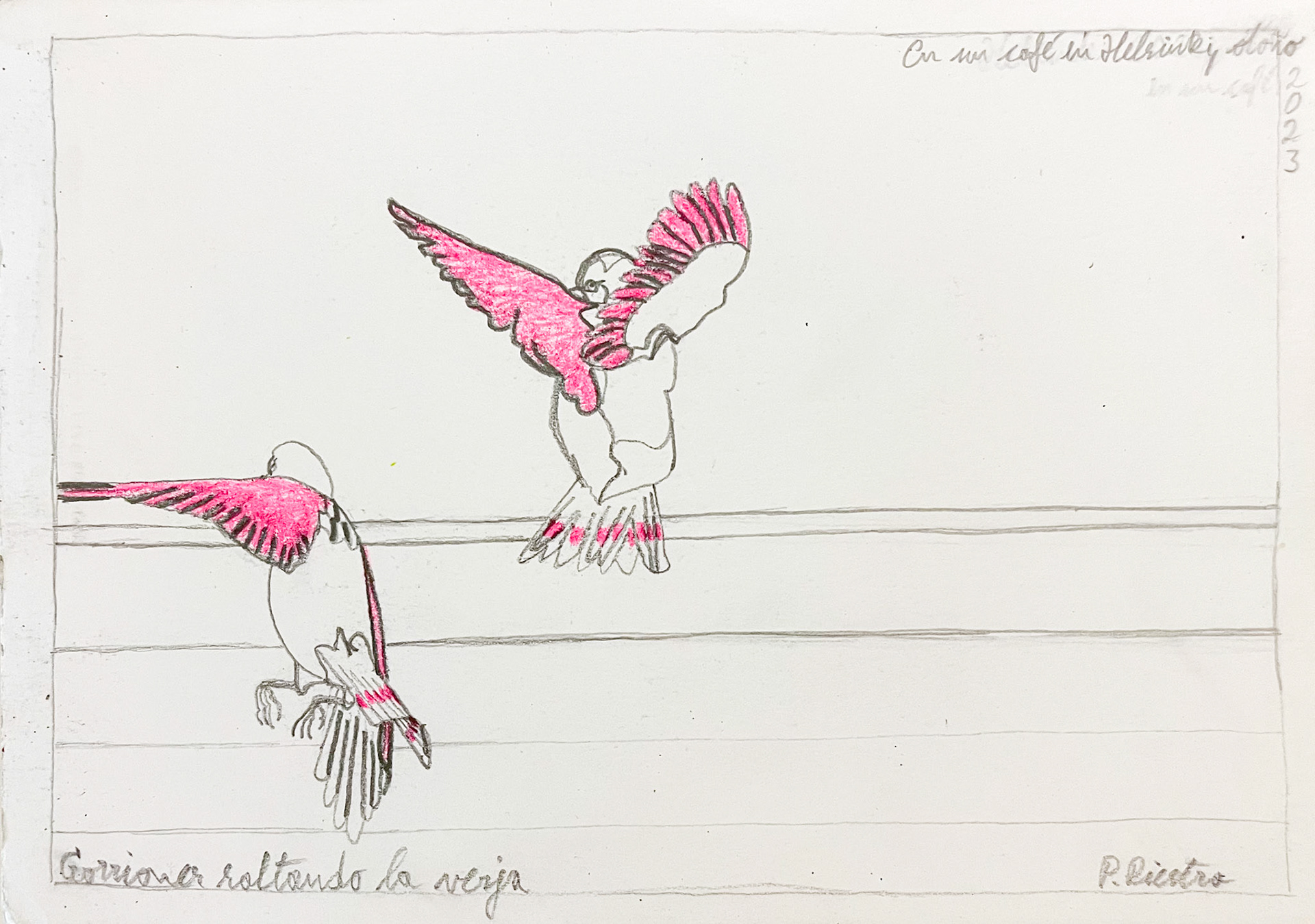 Sparrows jumping over the fence, Series, Finland 2023; Felt pen and pencil on paper