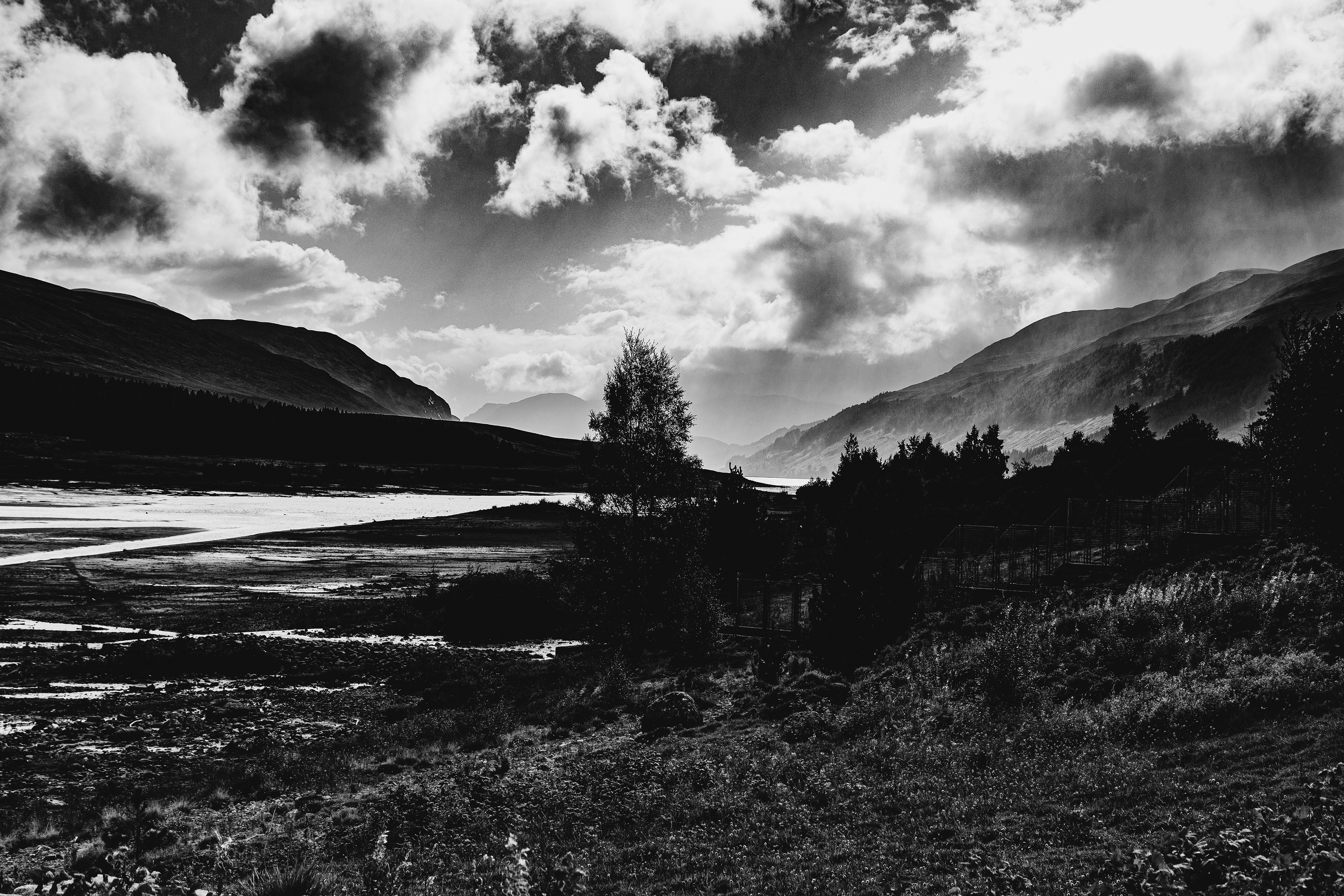 Black and white shot of Loch Ericht on a stormy afternoon.