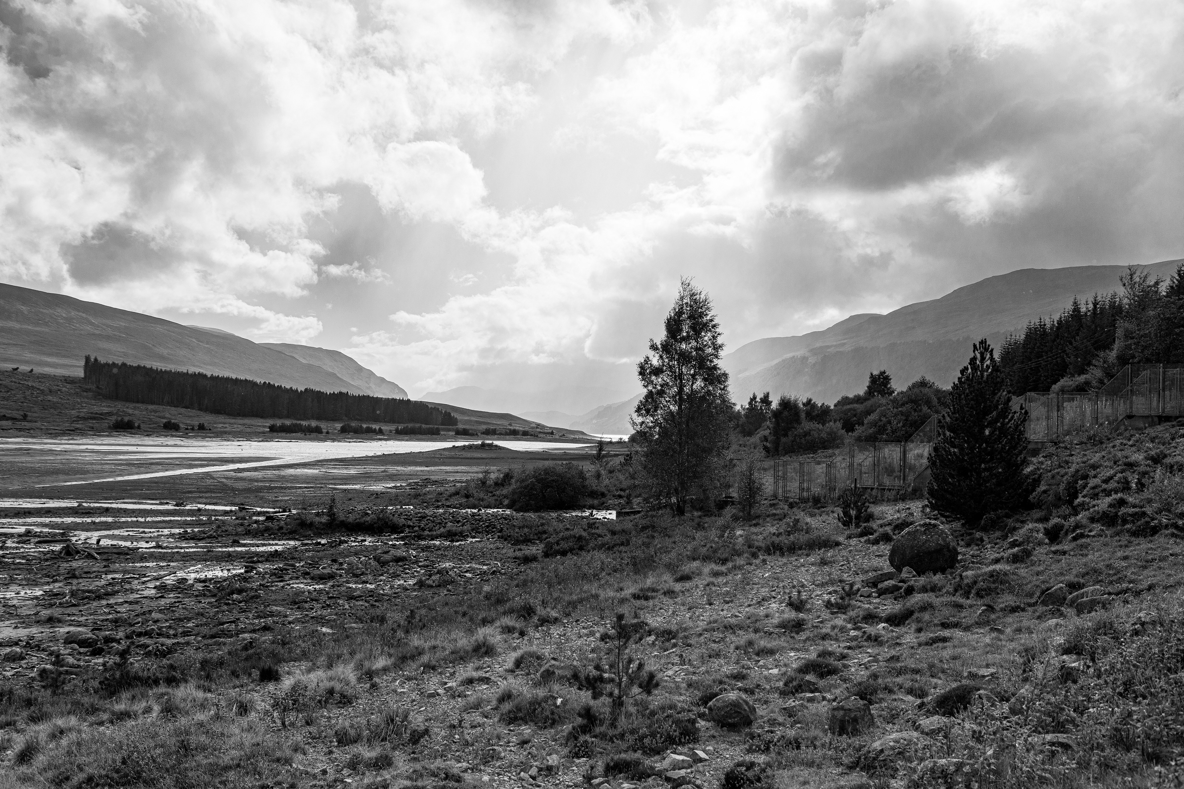 Black and white shot of Loch Ericht on a stormy afternoon.