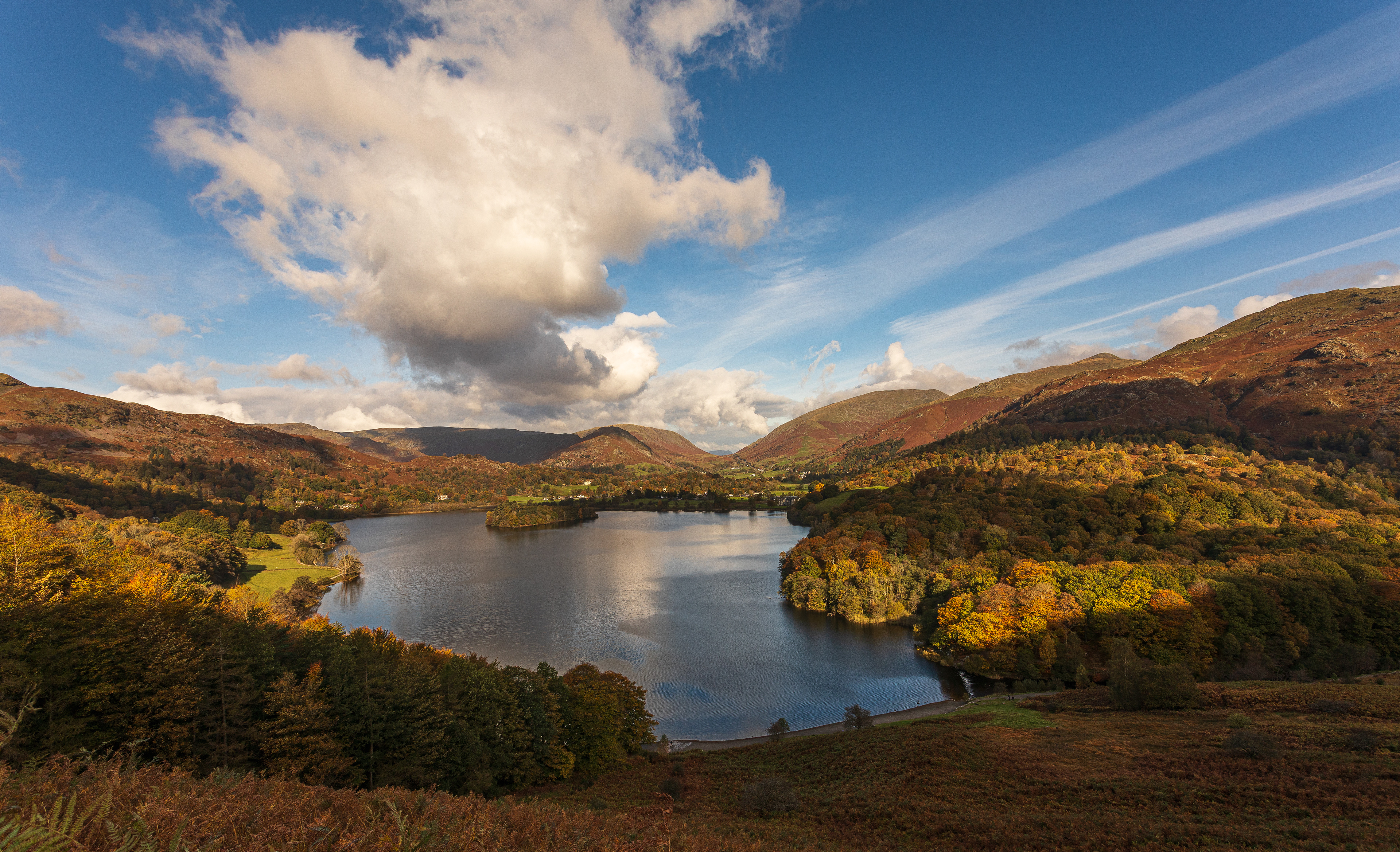 Colour view over Grasmere with dramatic clouds