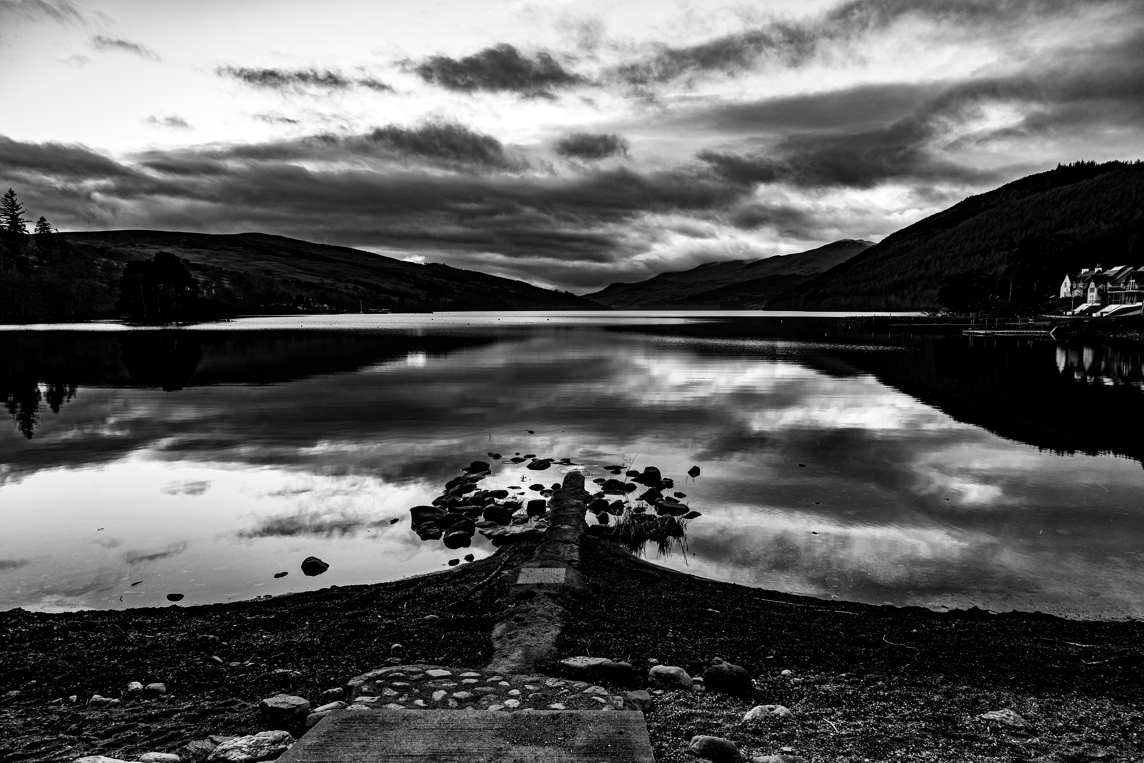 Black and white shot of Loch Tay from Kenmore