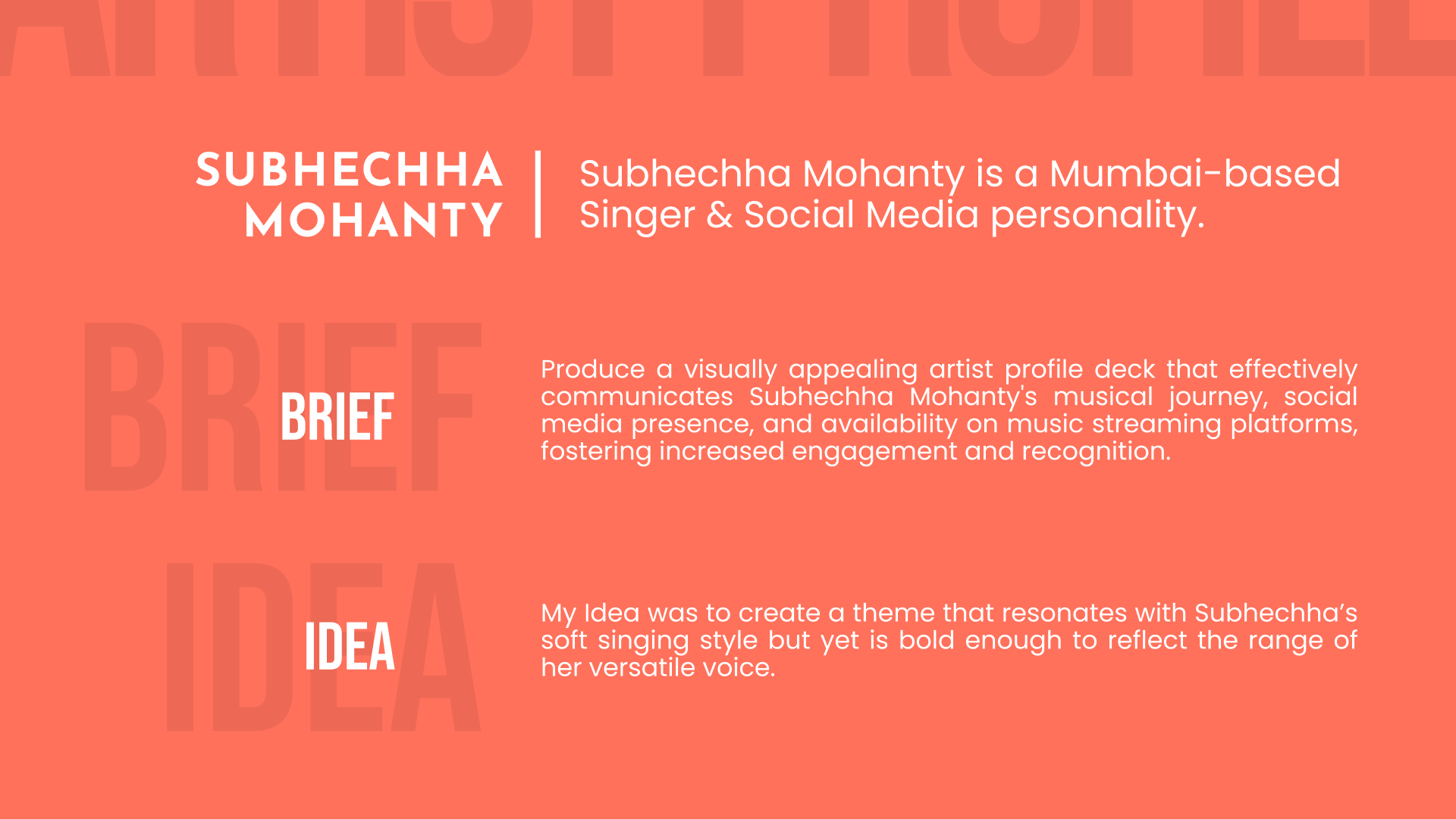 Introduction slide of Subhechha Mohanty's artist profile, showcasing her as a Mumbai-based singer and social media personality with a brief about the project, displayed over a bold orange background.