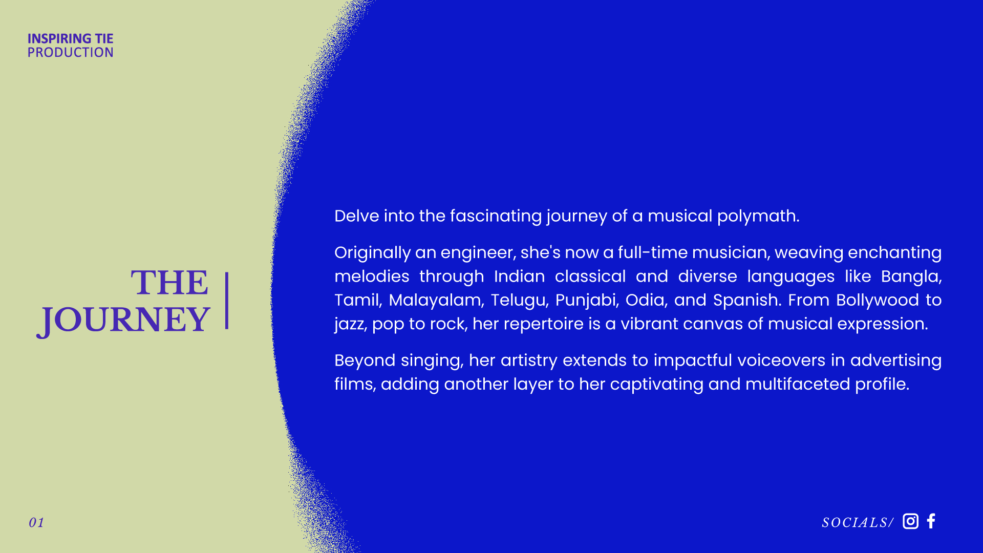 The journey section of Subhechha Mohanty's profile, narrating her transition from an engineer to a full-time musician, featuring a blue and green gradient background.