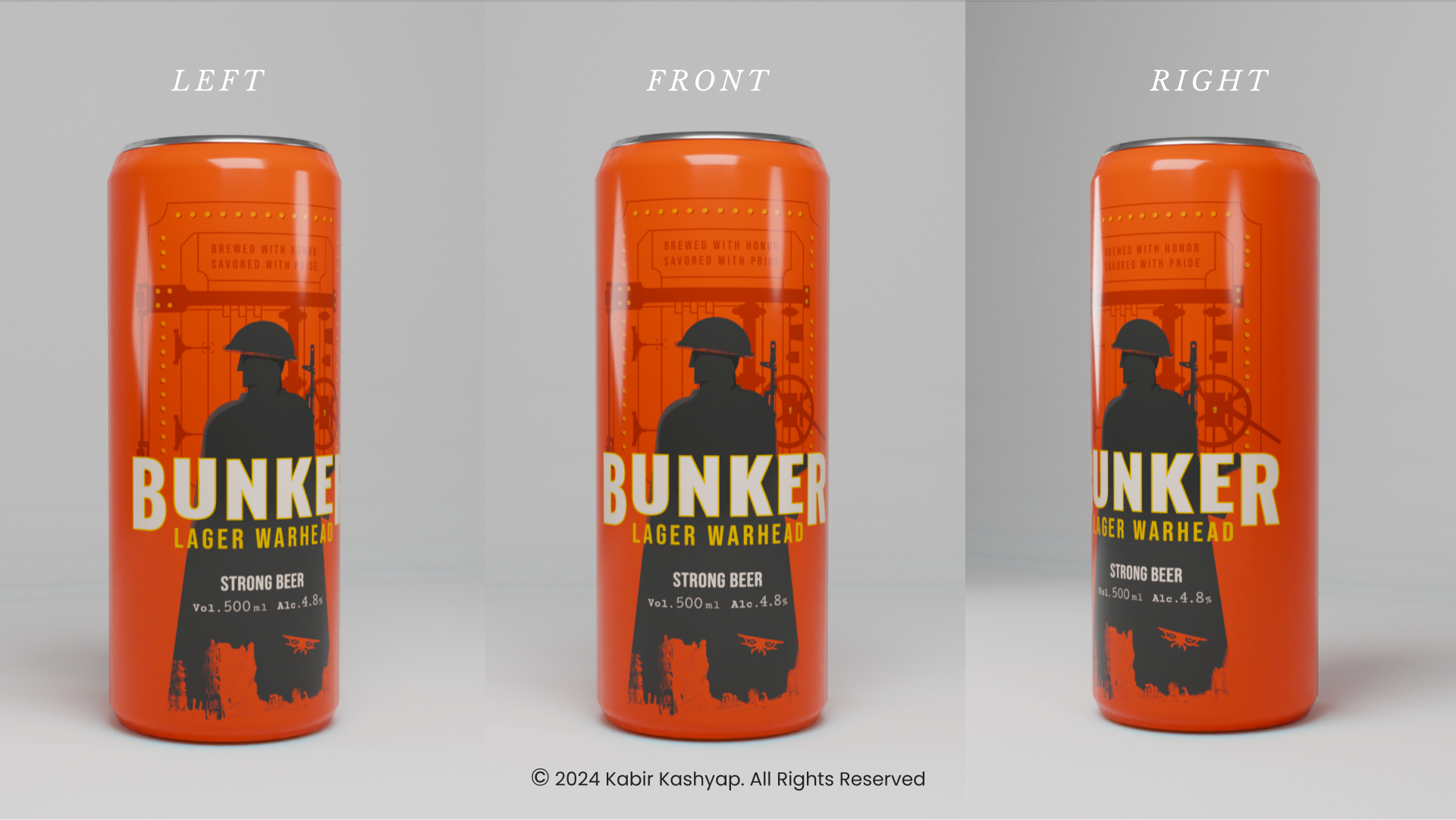 Bunker Lager Warhead Beer can design with front, left, and right views, featuring a military silhouette, bold typography, and an industrial design evoking the strength and power of wartime bunkers, created by Kabir Kashyap Design Co.