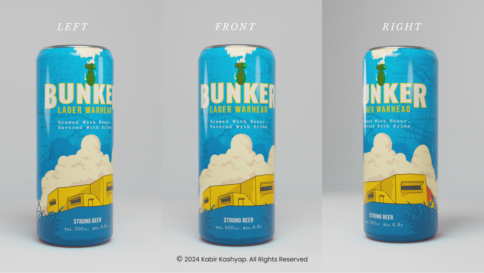 Bunker Lager Warhead Beer can design with front, left, and right views, featuring a bold blue background, military aircraft, and explosion motifs inspired by the Pearl Harbor concept, representing resilience and strength in the beer branding.