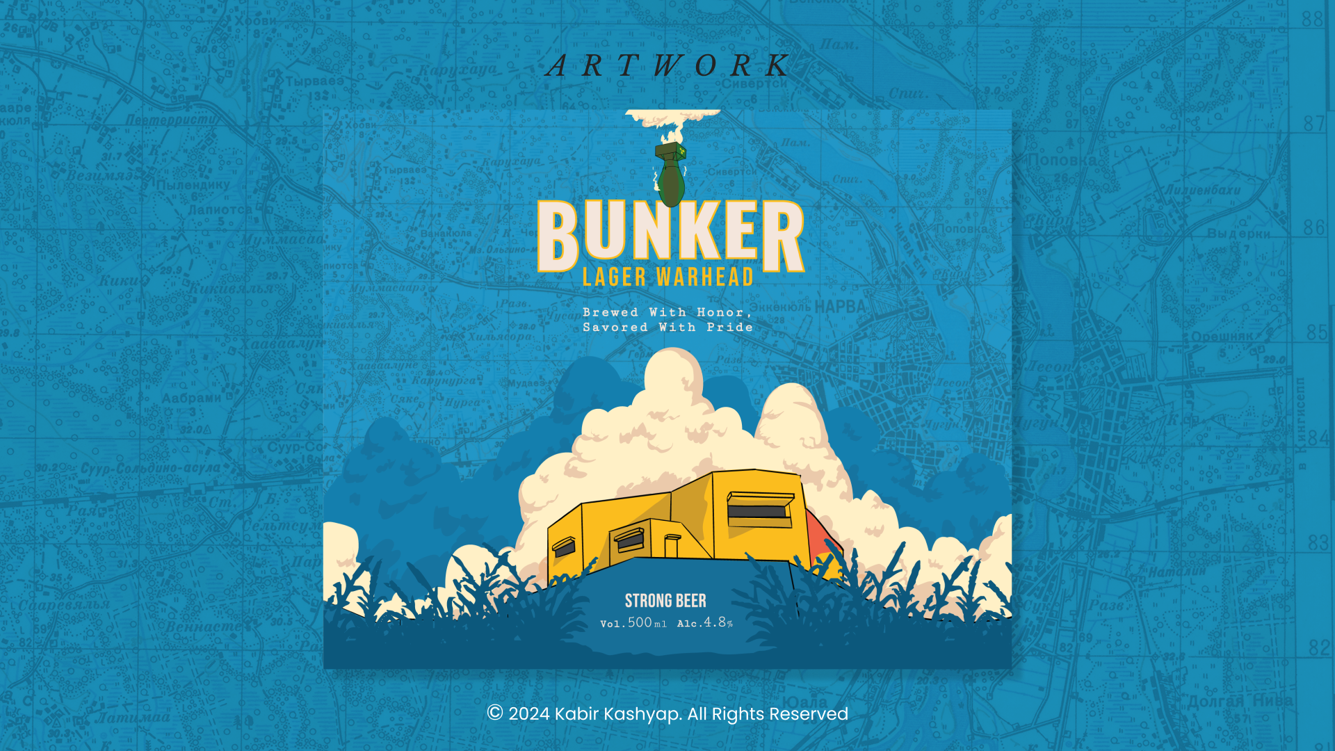 Artwork for Bunker Lager Warhead Beer can, showcasing military-inspired imagery of a bunker with clouds of smoke and bold yellow structures, designed to evoke strength and honor, with strong visual elements of war and resilience.