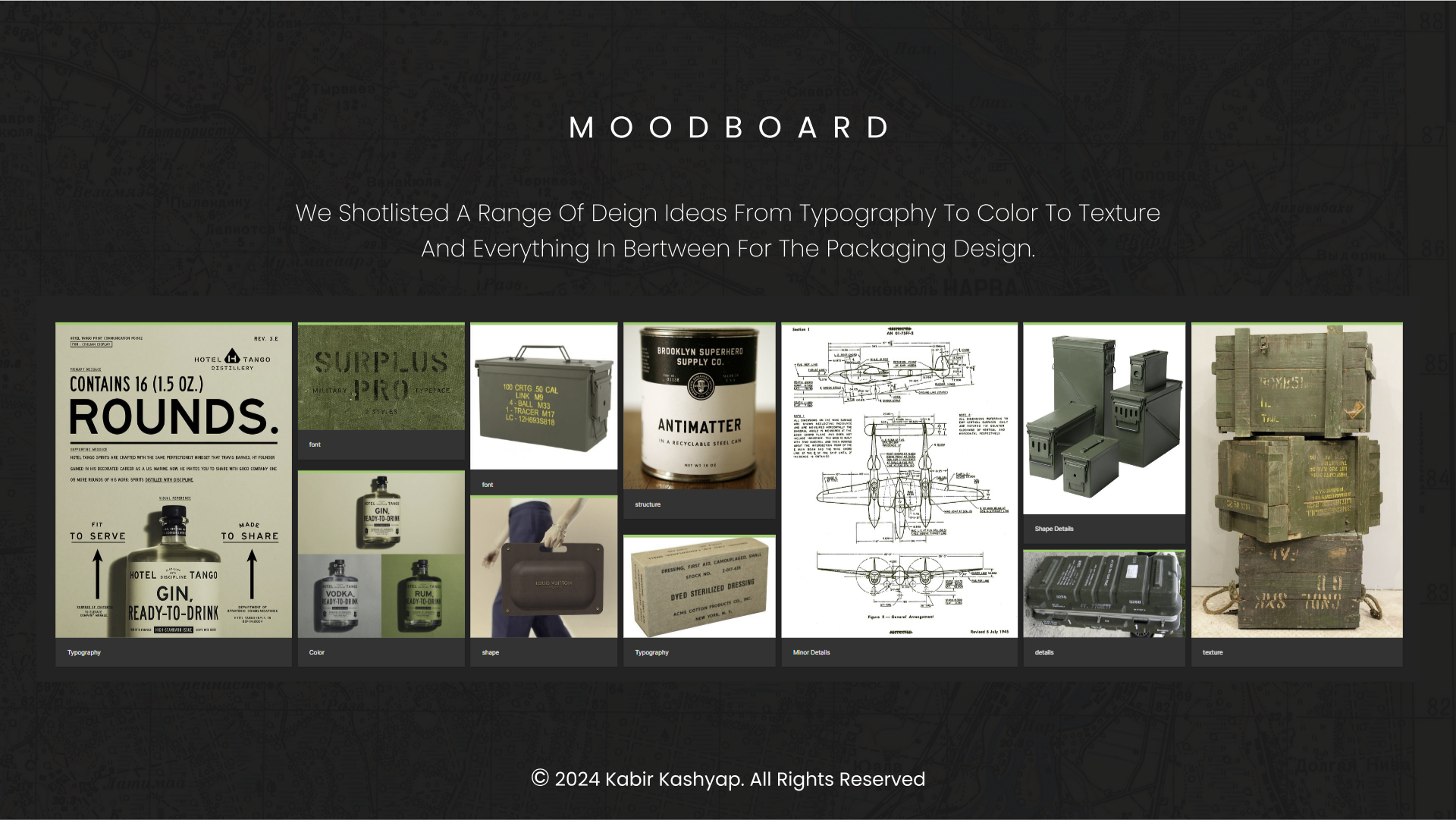 Moodboard showcasing military-inspired design elements for Bunker Beer packaging, including fonts, textures, typography, and industrial imagery from ammunition boxes to emphasize a rugged, strong aesthetic.