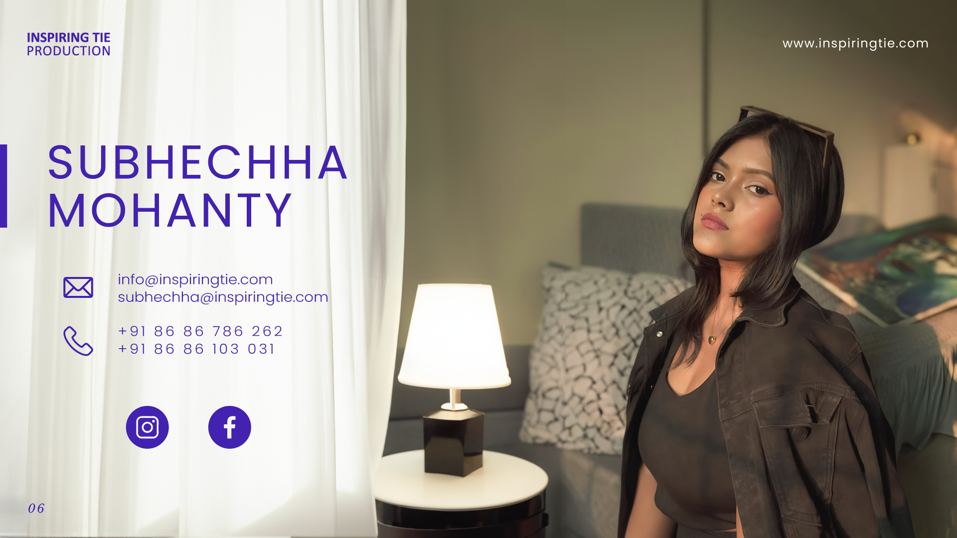 Contact information slide of Subhechha Mohanty's artist profile, featuring her email, phone numbers, and social media handles, set against a cozy room backdrop with Subhechha posing by a bedside lamp.