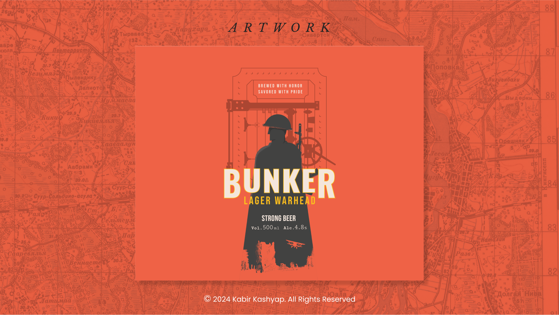 Artwork for Bunker Lager Warhead Beer can featuring a silhouette of a soldier with industrial elements, designed to convey honor, pride, and strength, accompanied by bold typography and a vibrant orange background.