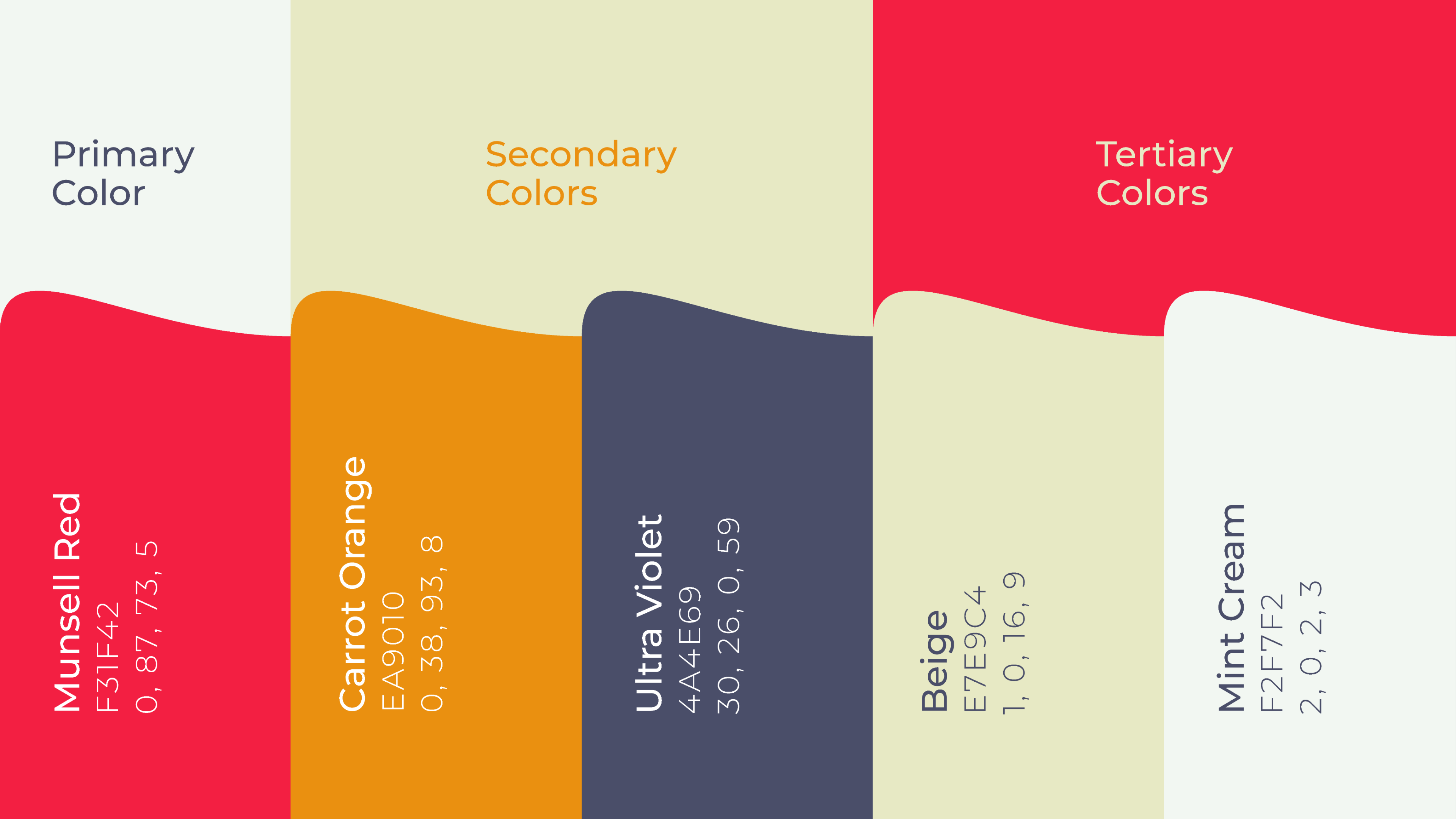 DUMASS brand color palette showcasing primary, secondary, and tertiary colors, including Munsell Red, Carrot Orange, Ultra Violet, Beige, and Mint Cream, emphasizing the brand's bold and vibrant aesthetic.