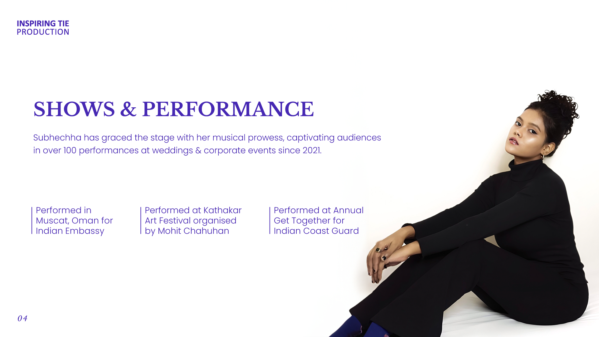 Shows and performances section of Subhechha Mohanty's artist profile, featuring her performance highlights since 2021, with a portrait of Subhechha dressed in black against a white background.