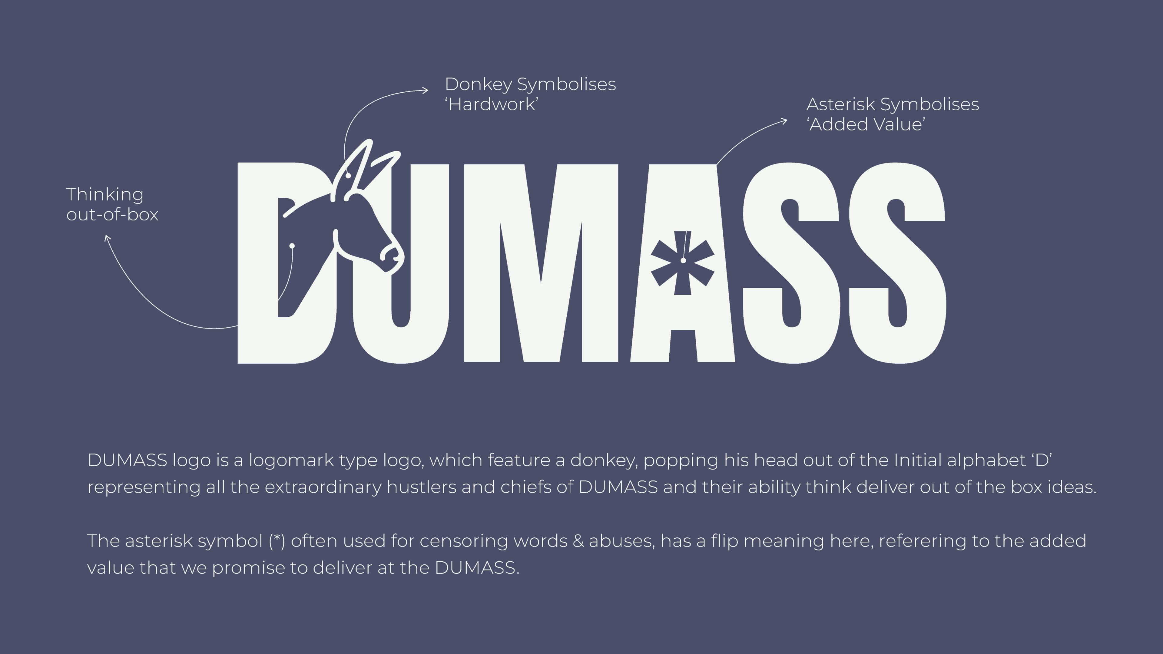 Illustration breaking down the elements of the 'DUMASS' logo, explaining the symbolic use of the donkey for hard work and the asterisk for added value, representing the brand's ethos.