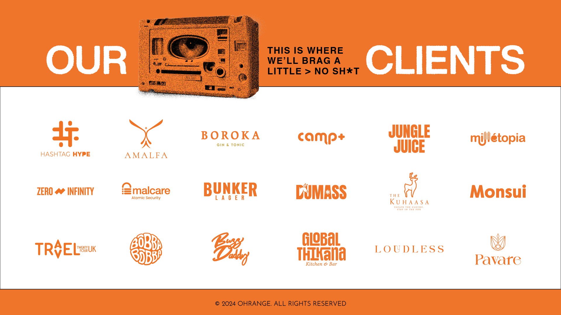 OHRANGE™ client portfolio featuring logos of major brands such as Amlafa Jewelry, Boroka Gin & Tonic, Jungle Juice, Monsui, and Zero to Infinity, showcasing their expertise in branding, digital marketing, and creative design services for diverse industries.