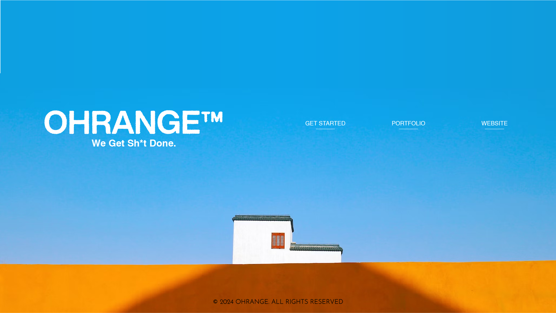OHRANGE™ minimalist contact and portfolio page with a clean blue sky and orange rooftop design, promoting the agency's focus on impactful branding and marketing strategies, with links to their portfolio and website for potential clients to explore their work.