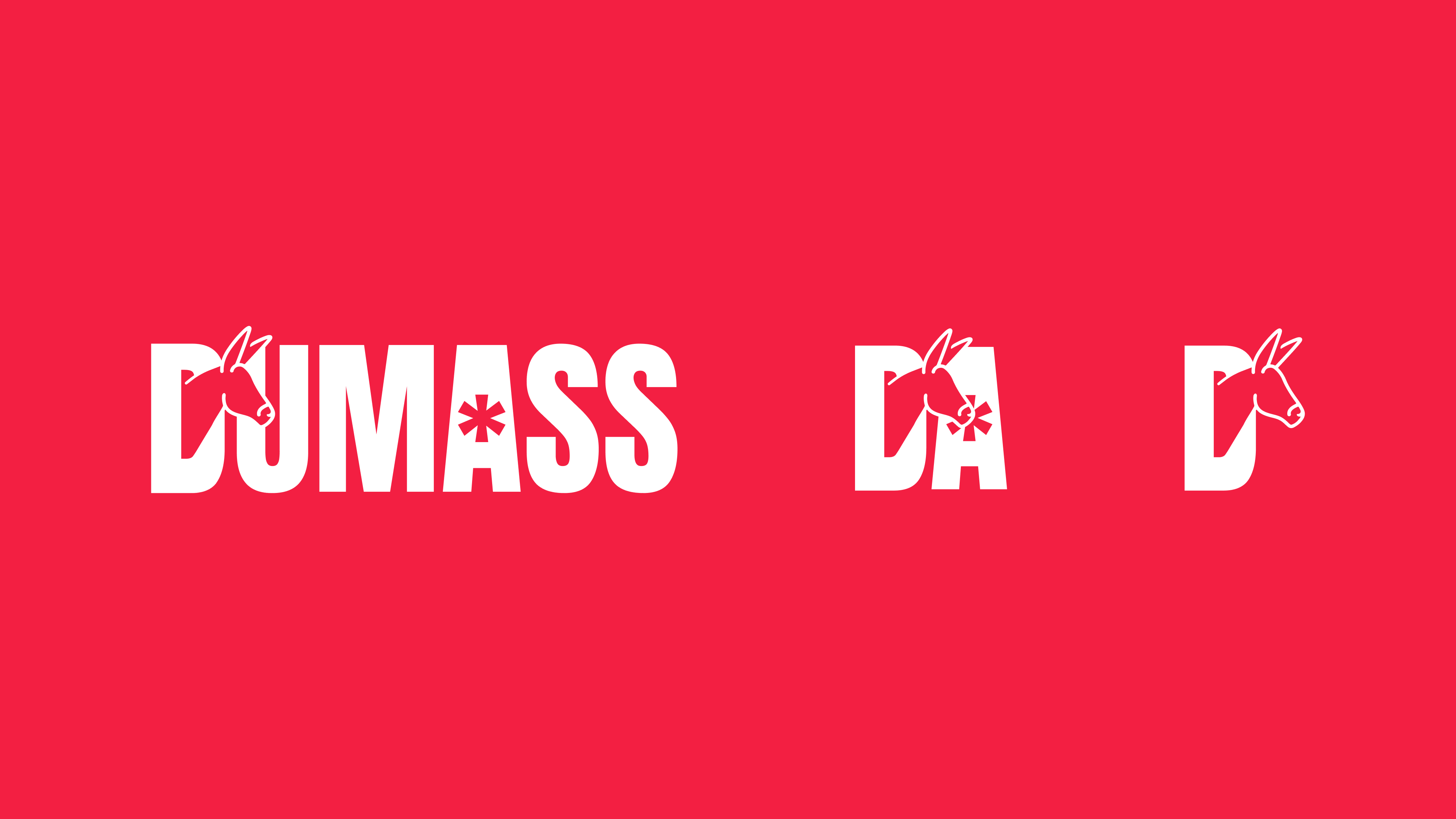 Three variations of the 'DUMASS' logo on a red background, featuring the full logo, 'DA,' and 'D,' each with the donkey illustration and asterisk for added value.