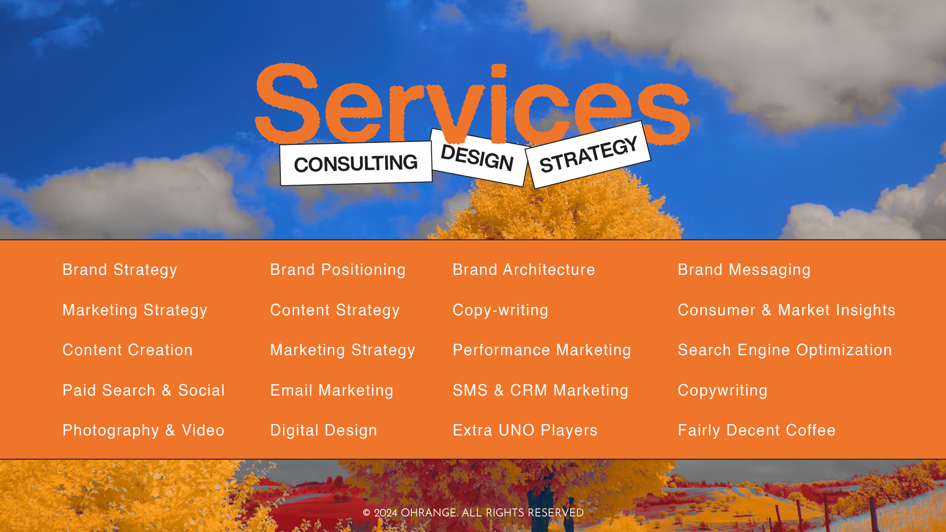 OHRANGE™ creative agency service offerings, highlighting consulting, design, and strategy services including brand strategy, digital marketing, SEO, content creation, email marketing, and performance marketing to help businesses grow and succeed.