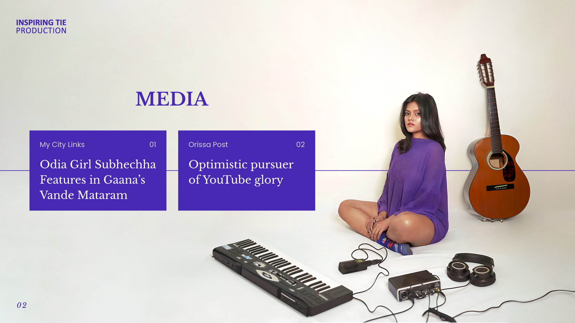 Media mentions section of Subhechha Mohanty’s artist profile, highlighting her features in Gaana's Vande Mataram and her YouTube success, with a photo of Subhechha sitting on the floor next to a guitar.