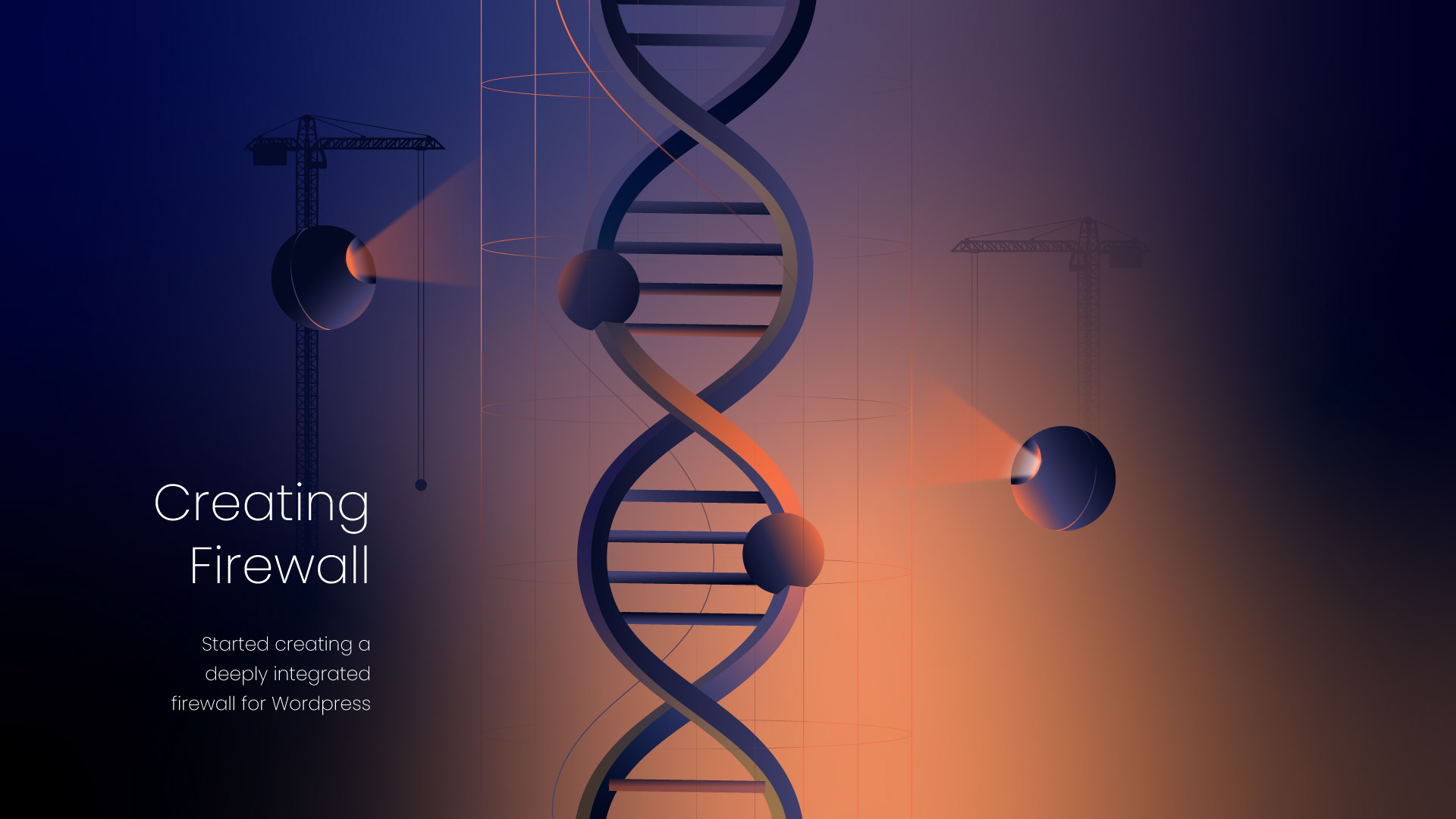 A DNA helix under construction with spotlights and cranes, symbolizing the creation process of a deeply integrated firewall for WordPress, with construction elements highlighting the intricate building of the firewall.