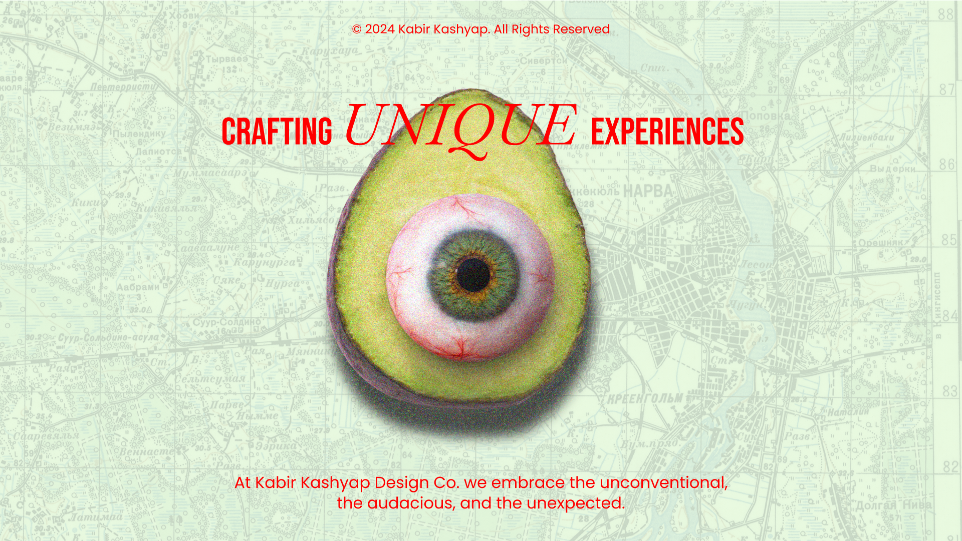 Kabir Kashyap Design Co. 'Crafting Unique Experiences' featuring a surreal design of an avocado with an eyeball, representing the agency's embrace of unconventional and unexpected creativity in their branding and packaging work.