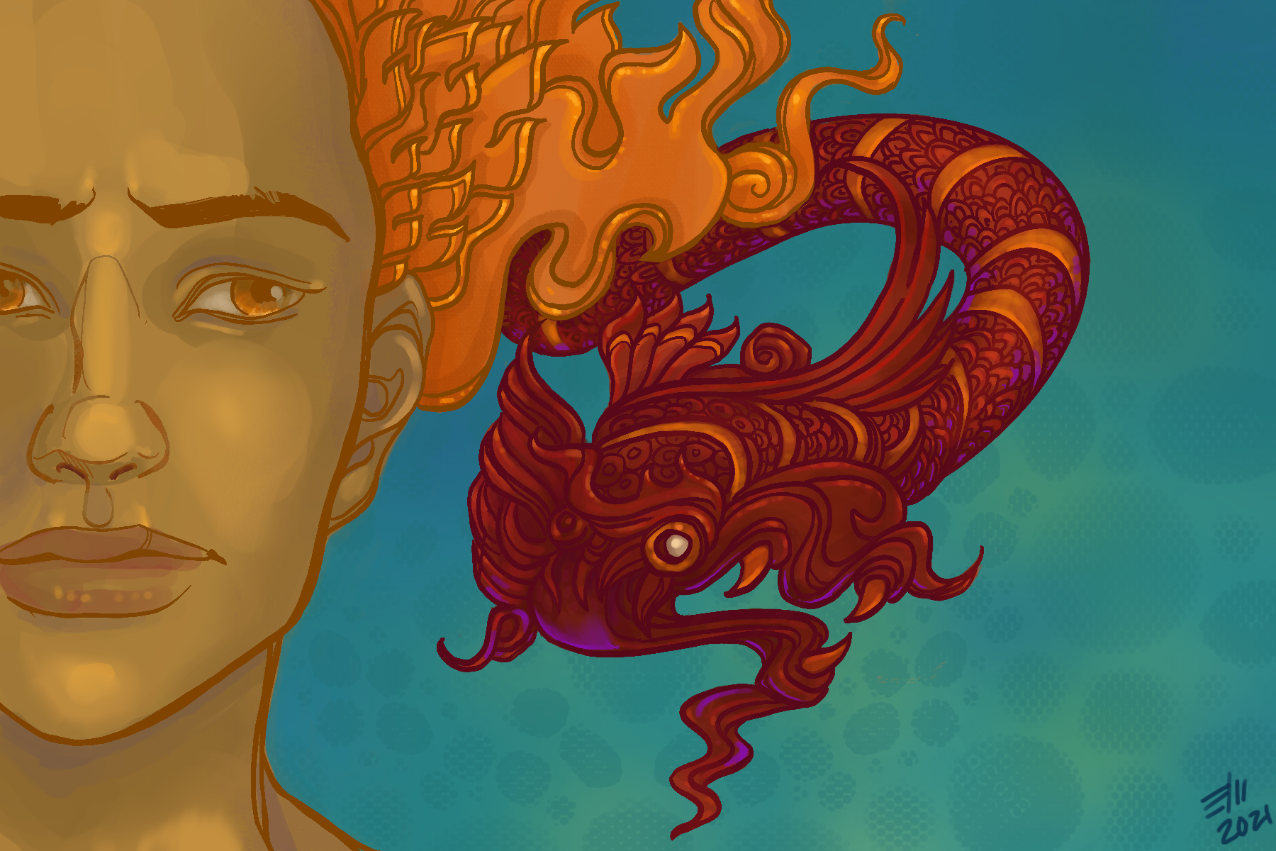 A dragon demi-god with gold eyes and a shoulder dragon.