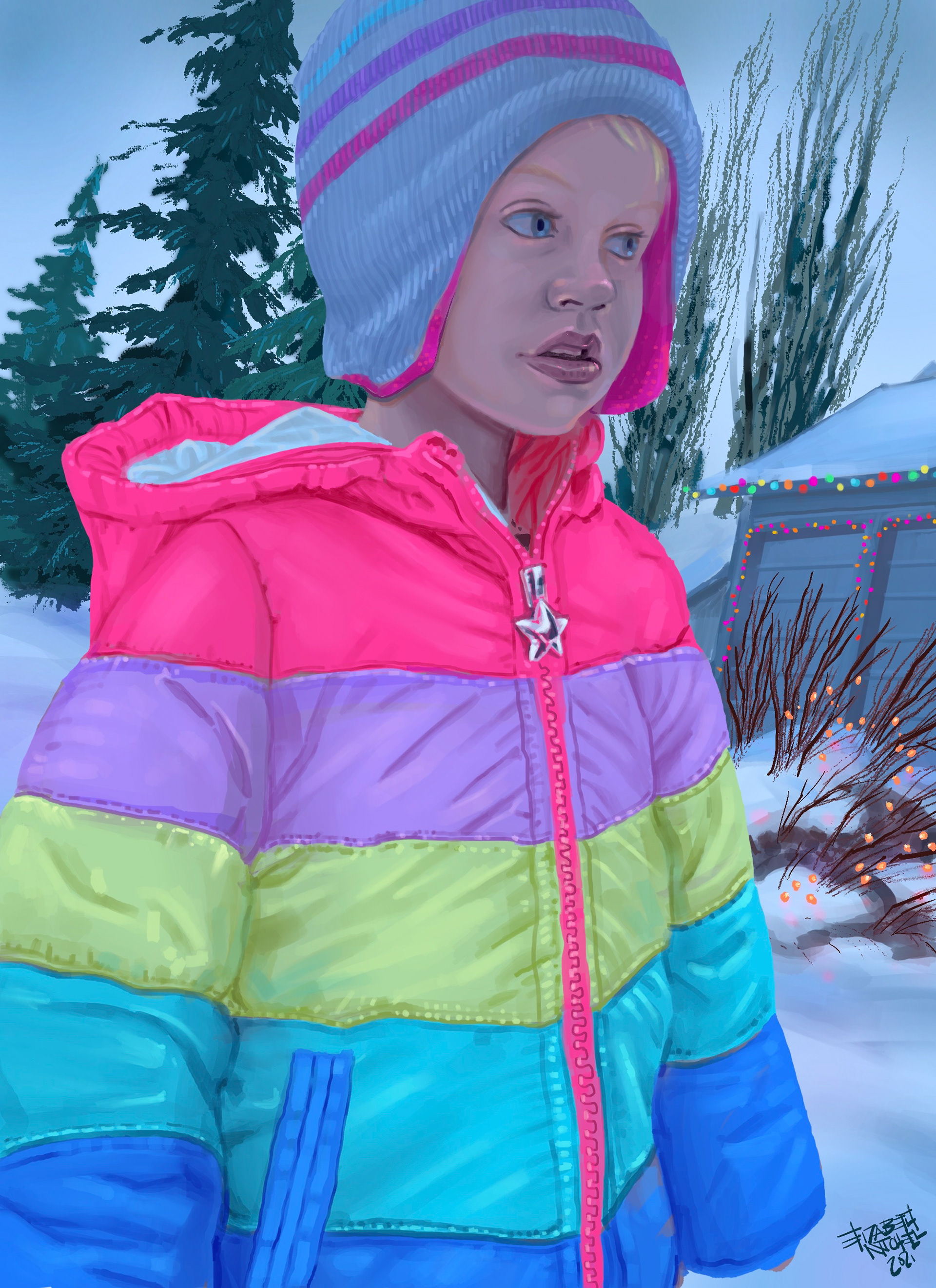 Child in the snow, wearing a snowsuit.