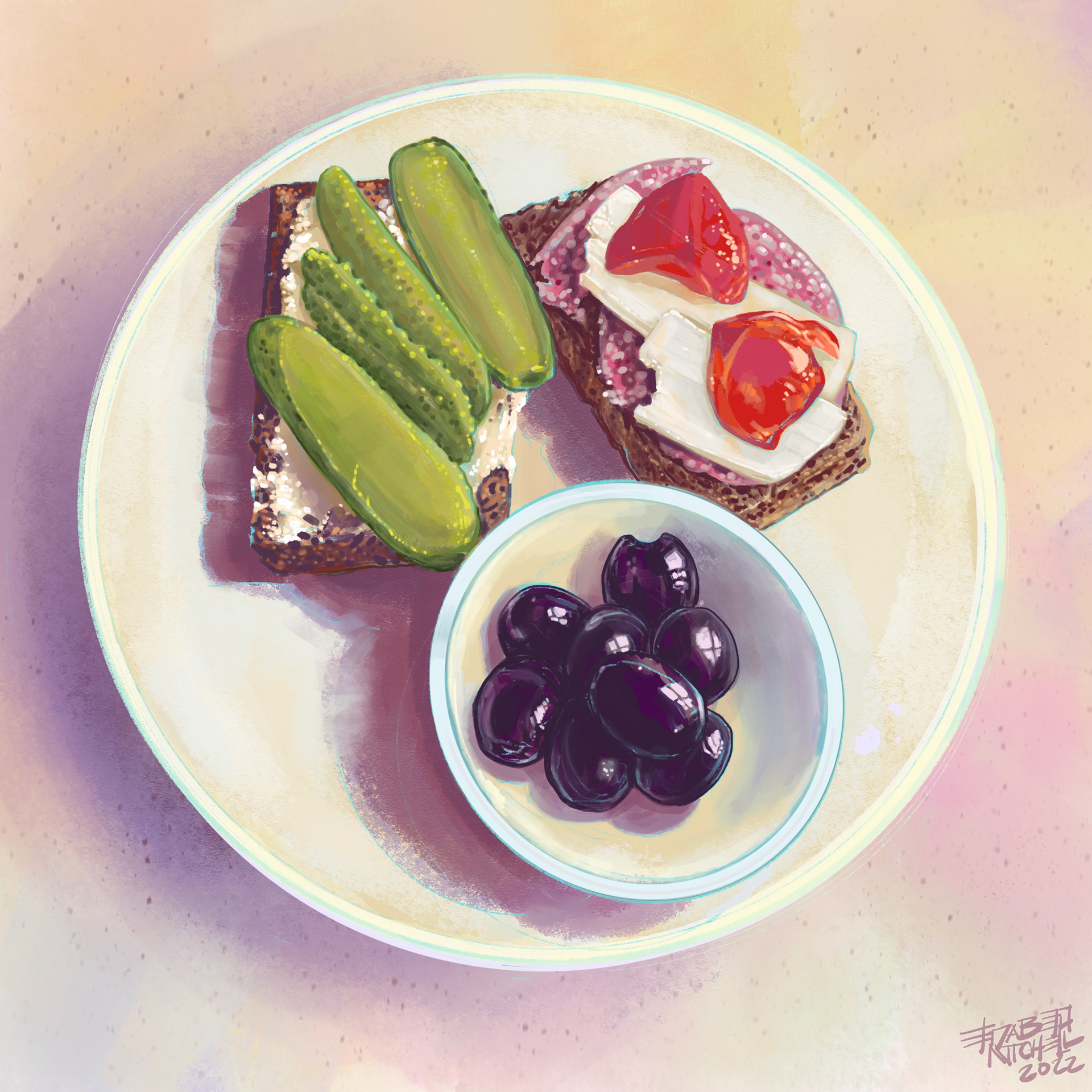 A ploughman's lunch: olives, pickles, meats, cheeses, bread.