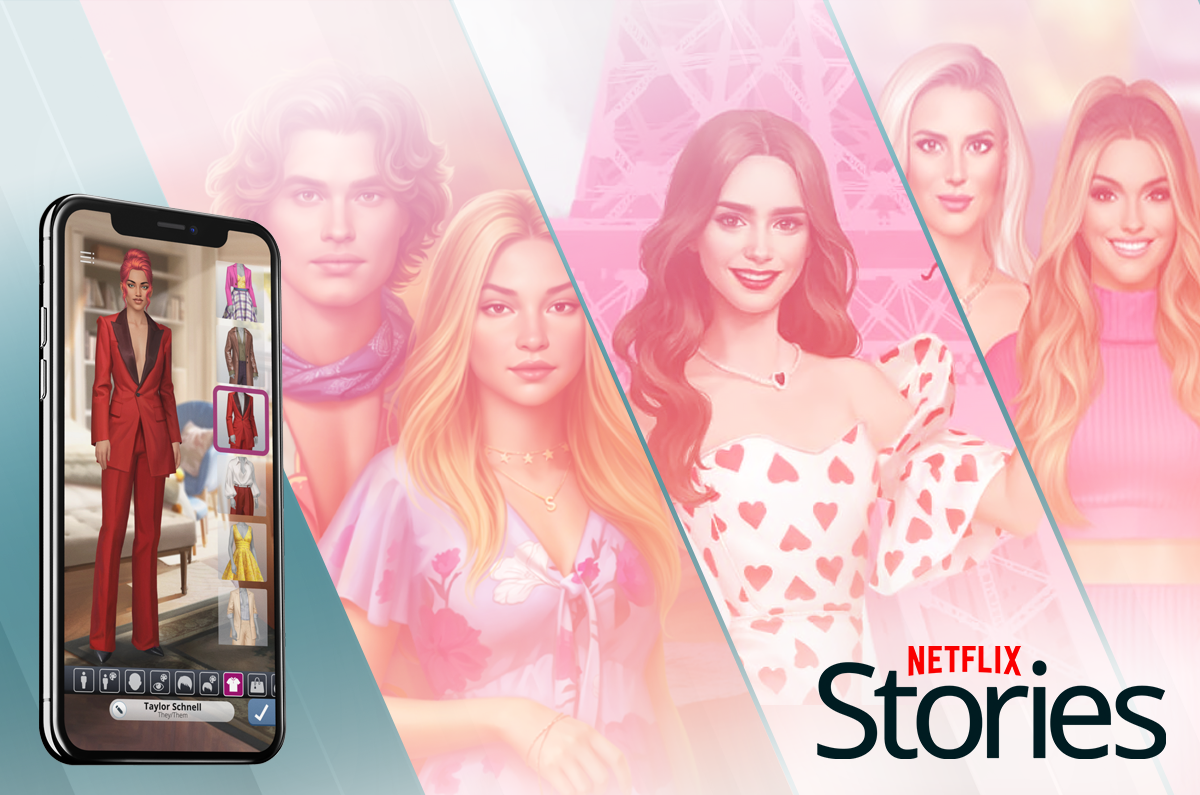 Diagonal branding stripes display three Netflix Stories properties with their main characters: Sarah Cameron and John B from Outer Banks, the titular Emily from Emily in Paris, and Chrishell and Emma from Selling Sunset. At the left, a screenshot of the new standardized character creator in a portrait format, navigation and editing UI at the bottom, palette items at the side.